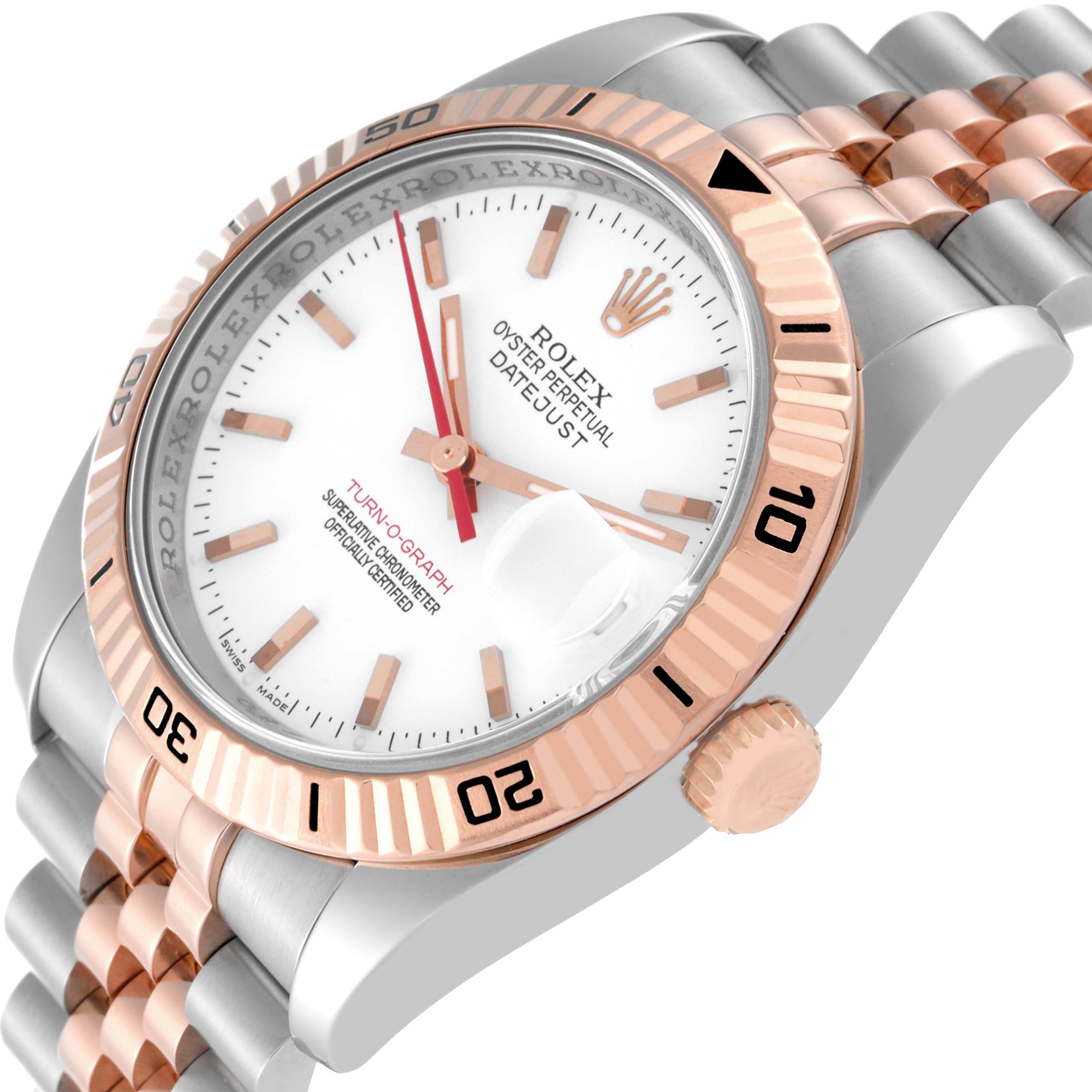 The image shows a close-up angle of the face and bezel of a Rolex Turn-o-Graph 116261 Men
s Steel and Gold (two tone) White Dial 116261 Men
s Steel and Gold (two tone) White Dial watch, highlighting the crown and part of the bracelet.