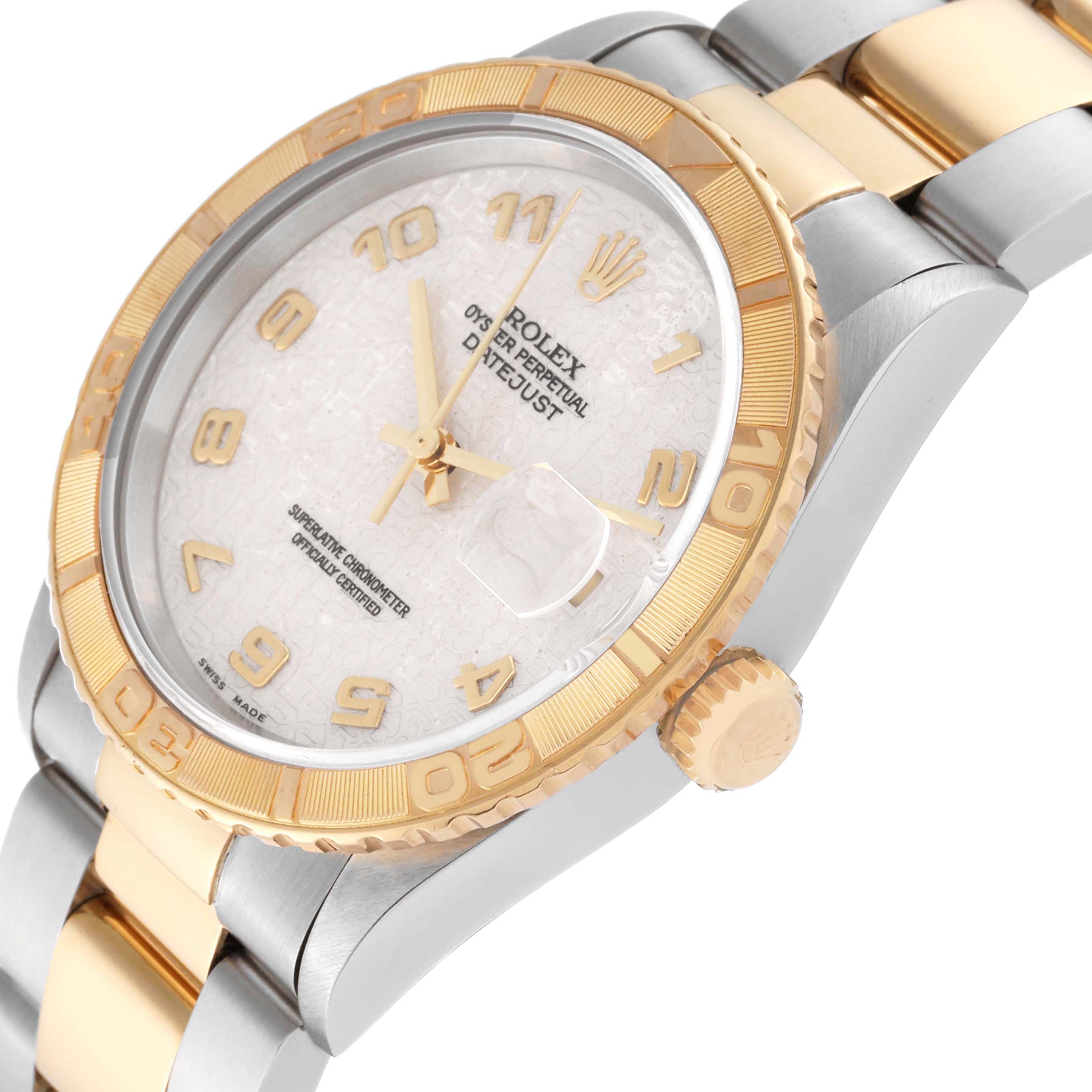 This Rolex Turn-o-Graph 16263 Men's Steel and Gold (two tone) Beige Dial 16263 Men's Steel and Gold (two tone) Beige Dial watch is shown from a slight side angle, highlighting the face, bezel, dial, crown, and part of the bracelet.