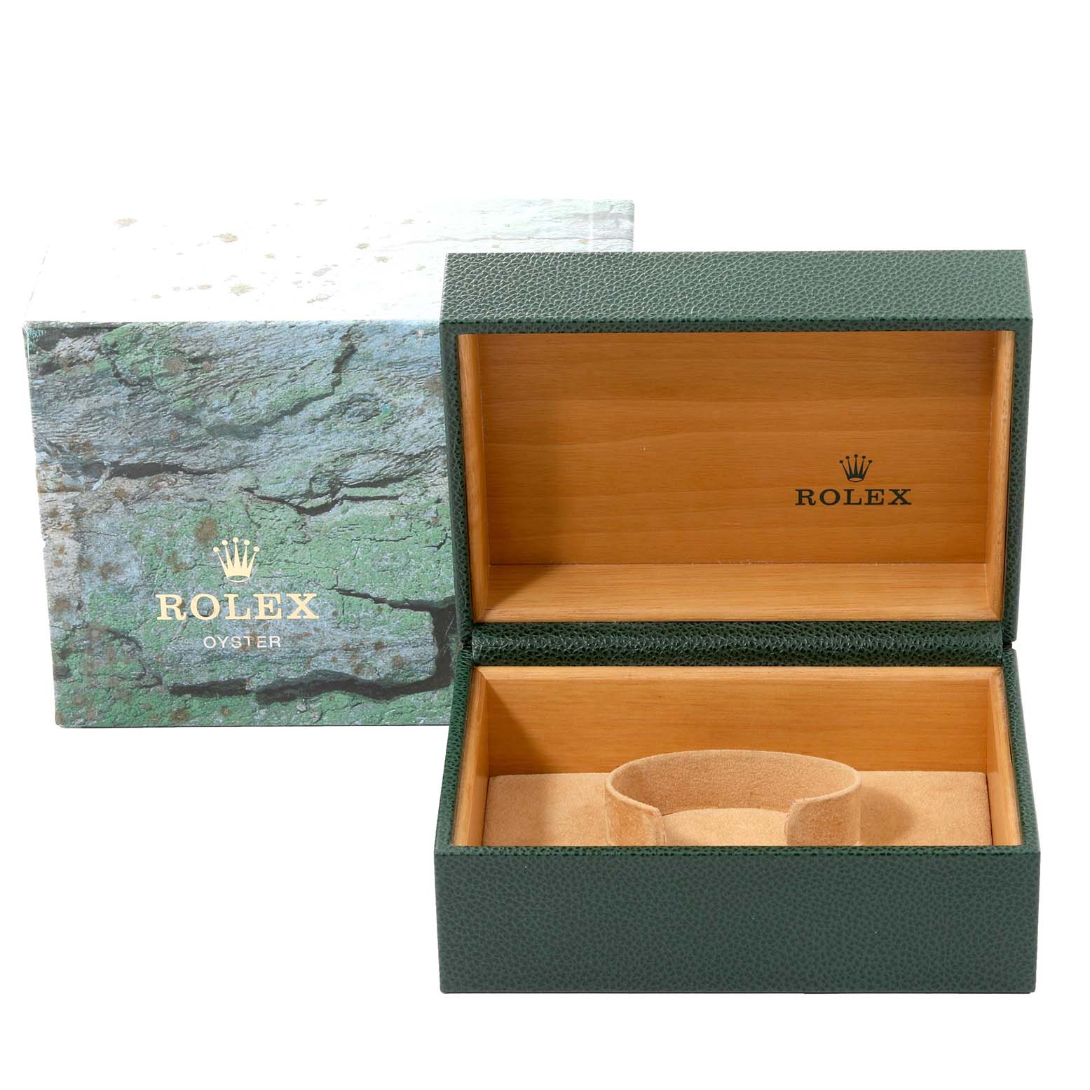 The image shows an open Rolex Turn-o-Graph 16263 Men's Steel and Gold (two tone) Beige Dial 16263 Men's Steel and Gold (two tone) Beige Dial watch box, featuring its green textured exterior and wooden interior.