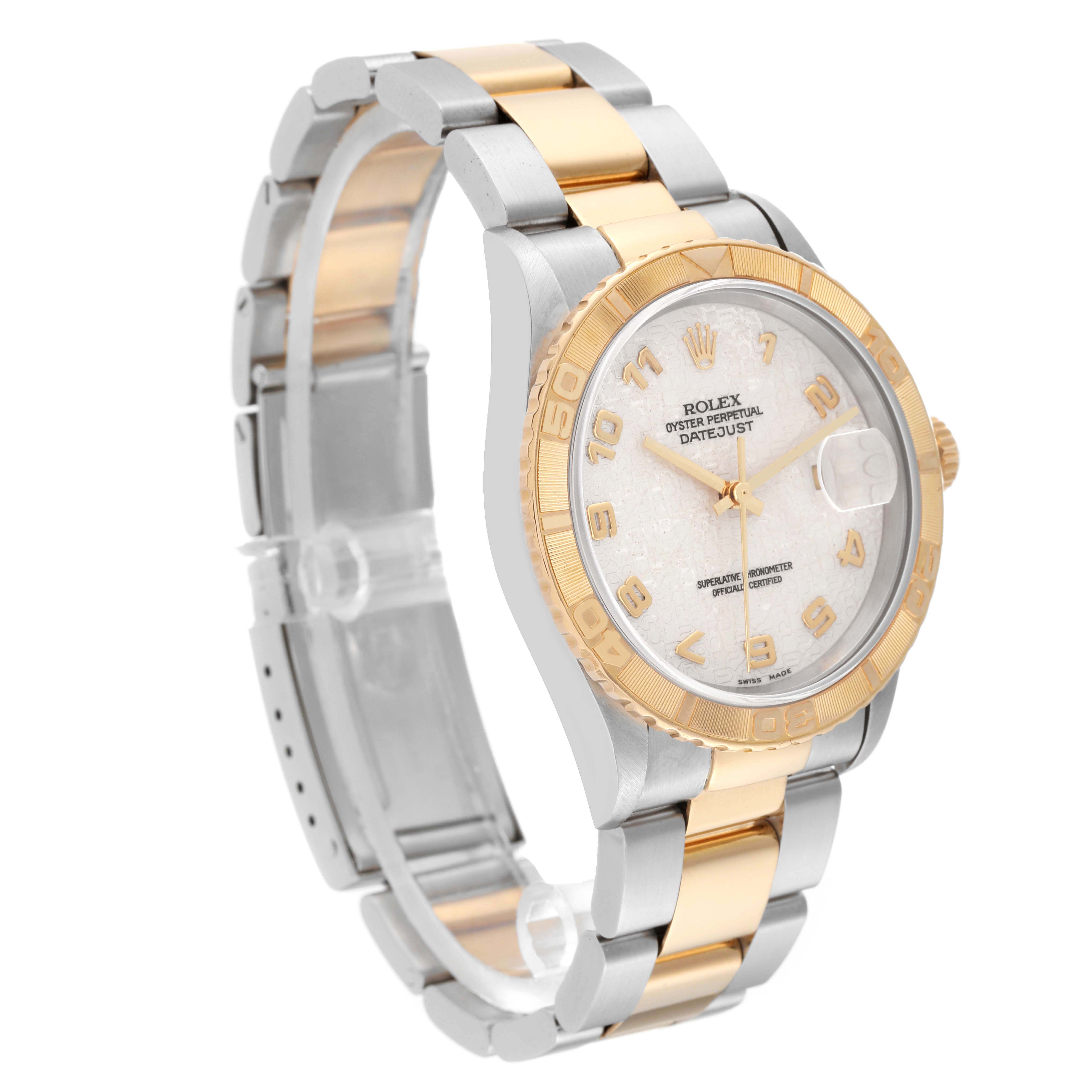 The Rolex Turn-o-Graph 16263 Men's Steel and Gold (two tone) Beige Dial 16263 Men's Steel and Gold (two tone) Beige Dial watch is shown at a three-quarter angle, highlighting the dial, bezel, and two-tone bracelet.