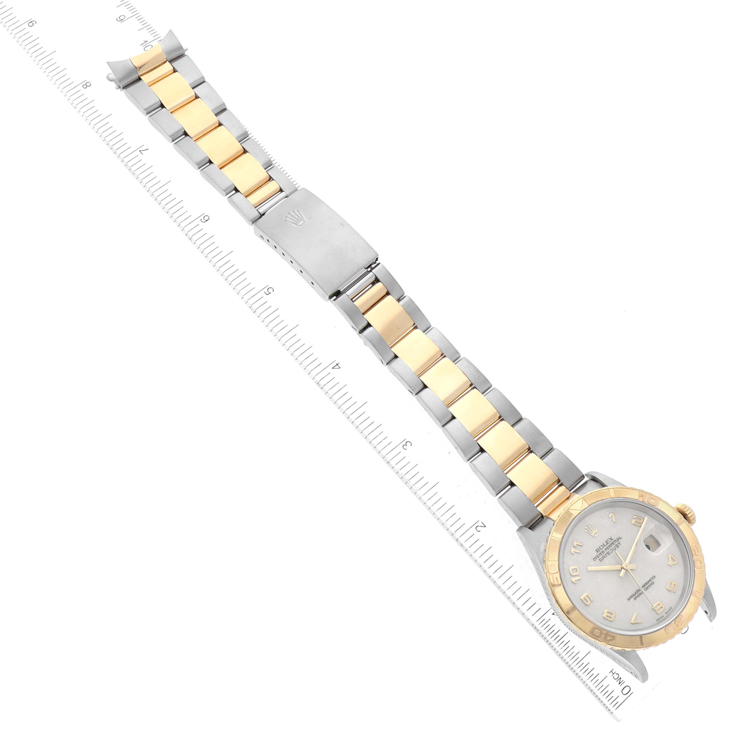 The image shows the full length of a Rolex Turn-o-Graph 16263 Men's Steel and Gold (two tone) Beige Dial 16263 Men's Steel and Gold (two tone) Beige Dial watch, including the face, bezel, and two-tone bracelet, placed alongside a ruler.
