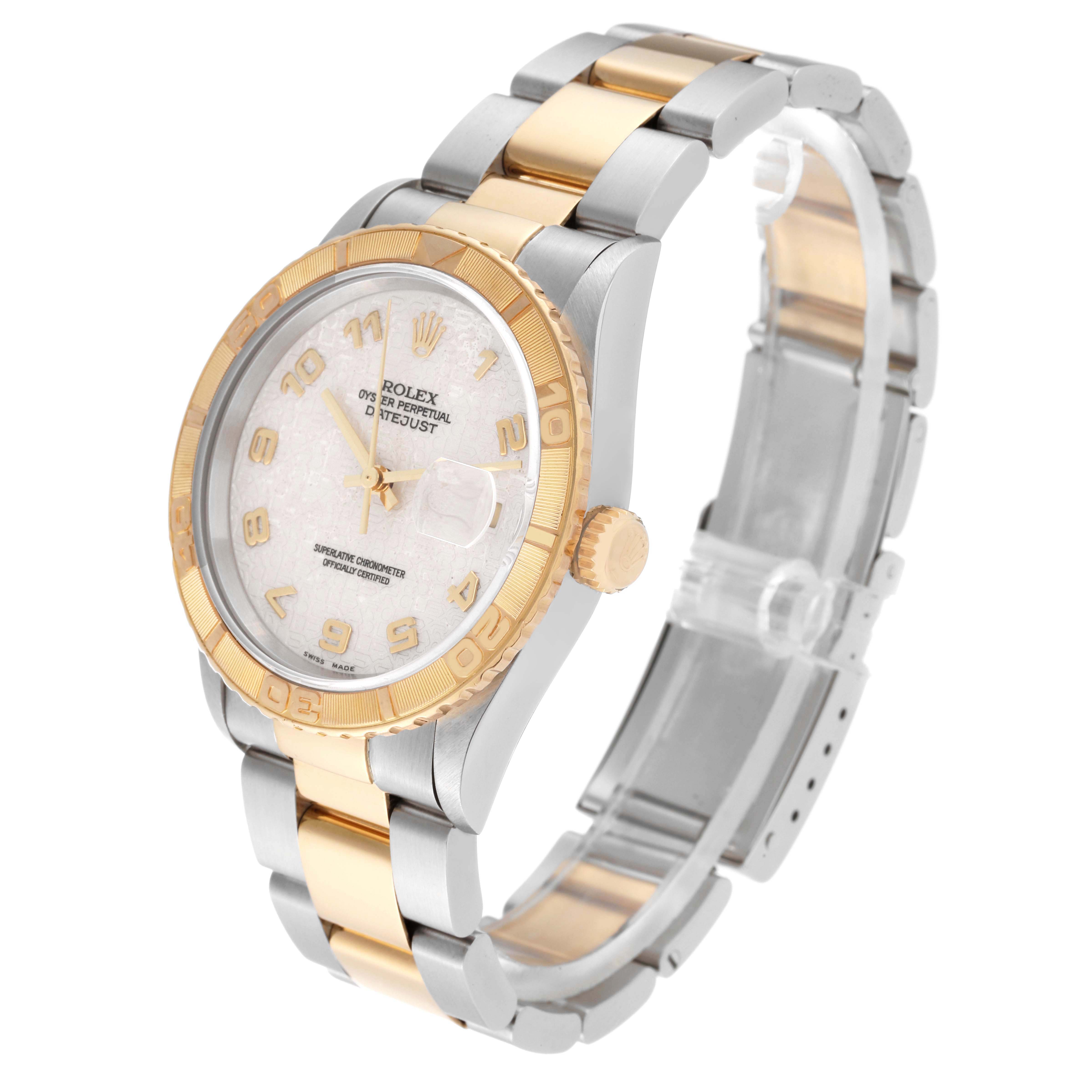 The image shows a side angle of a Rolex Turn-o-Graph 16263 Men's Steel and Gold (two tone) Beige Dial 16263 Men's Steel and Gold (two tone) Beige Dial watch, highlighting its stainless steel and gold case and bracelet.