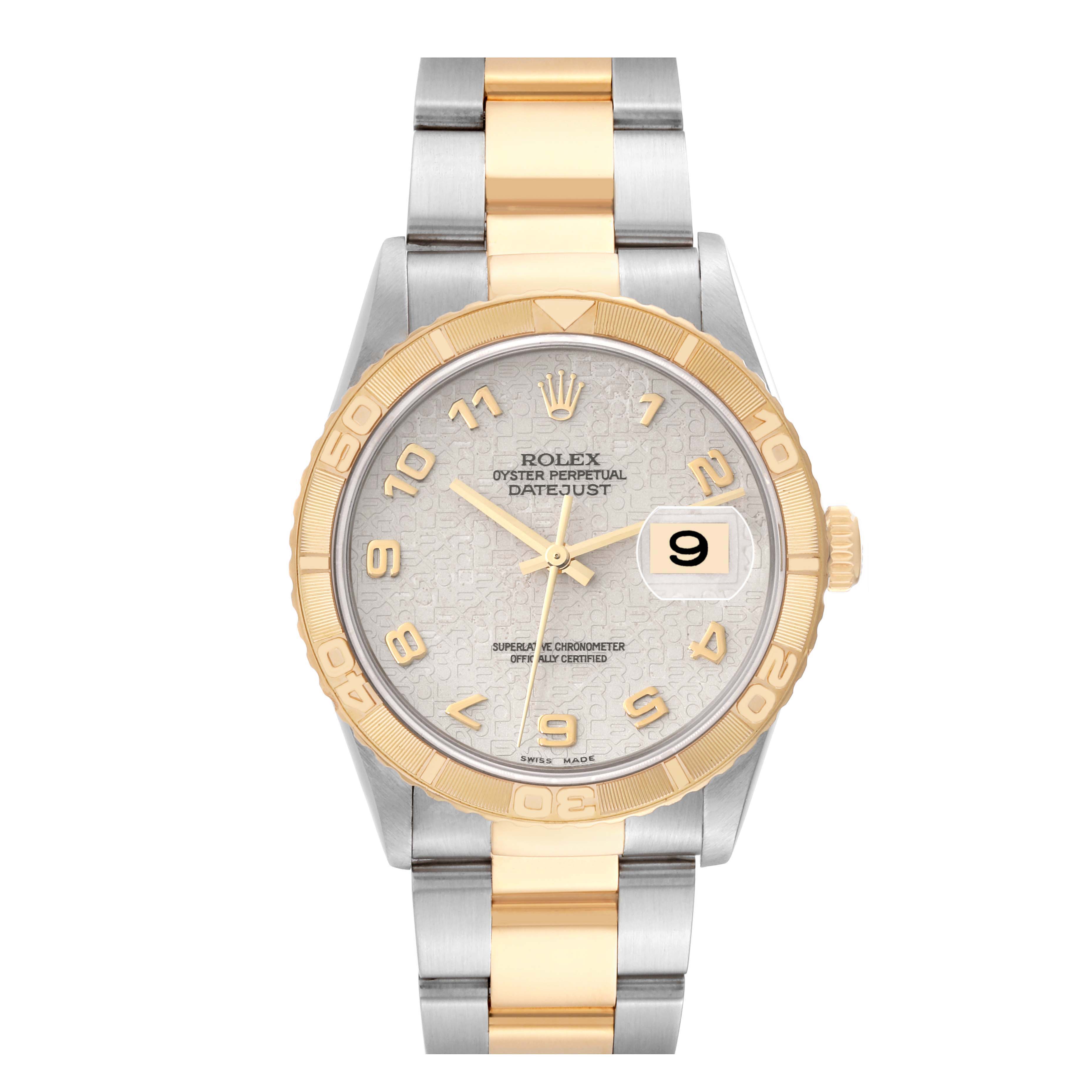 The image shows a Turn-o-Graph Rolex watch, featuring the dial, bezel, crown, and entire bracelet from a front-facing angle.