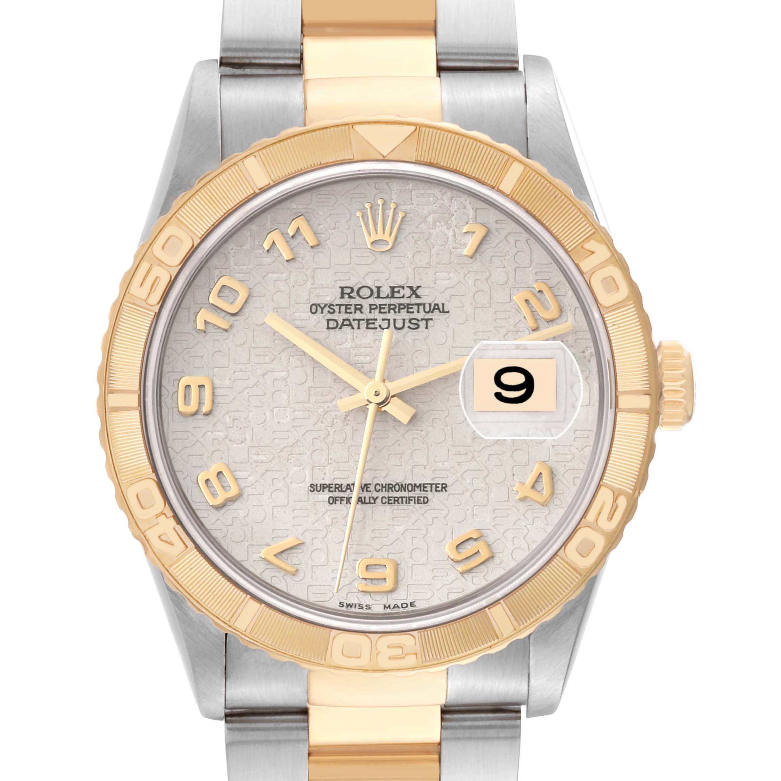 This image shows a front view of a Rolex Turn-o-Graph 16263 Men's Steel and Gold (two tone) Beige Dial 16263 Men's Steel and Gold (two tone) Beige Dial watch, highlighting the dial, bezel, and bracelet.