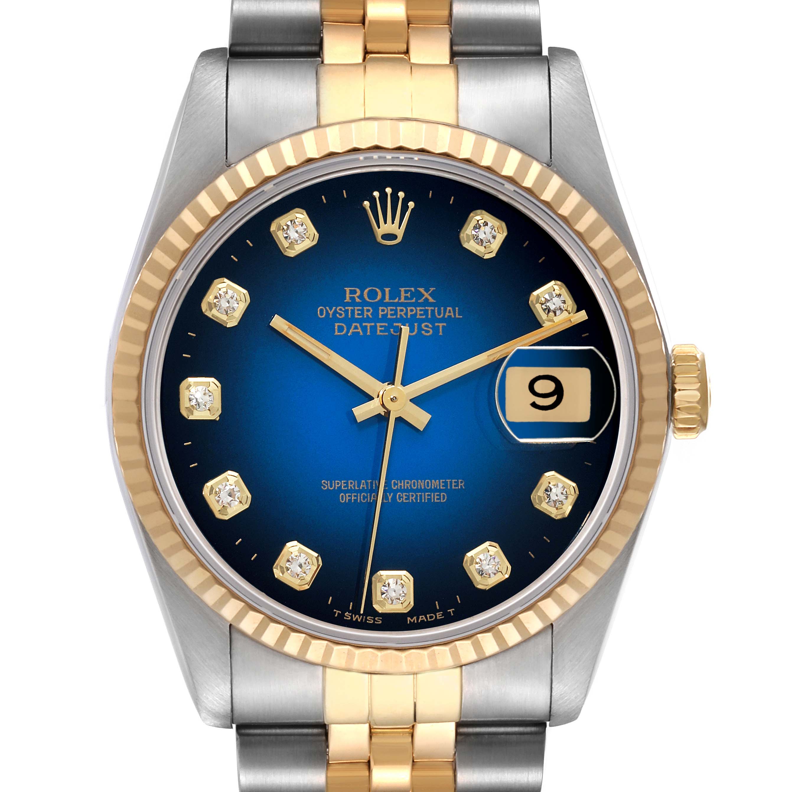 The image shows a front view of a Rolex Datejust 16233 Men's Steel and Gold (two tone) Blue Dial 16233 Men's Steel and Gold (two tone) Blue Dial watch, highlighting its blue dial, date display, and gold and silver bracelet.