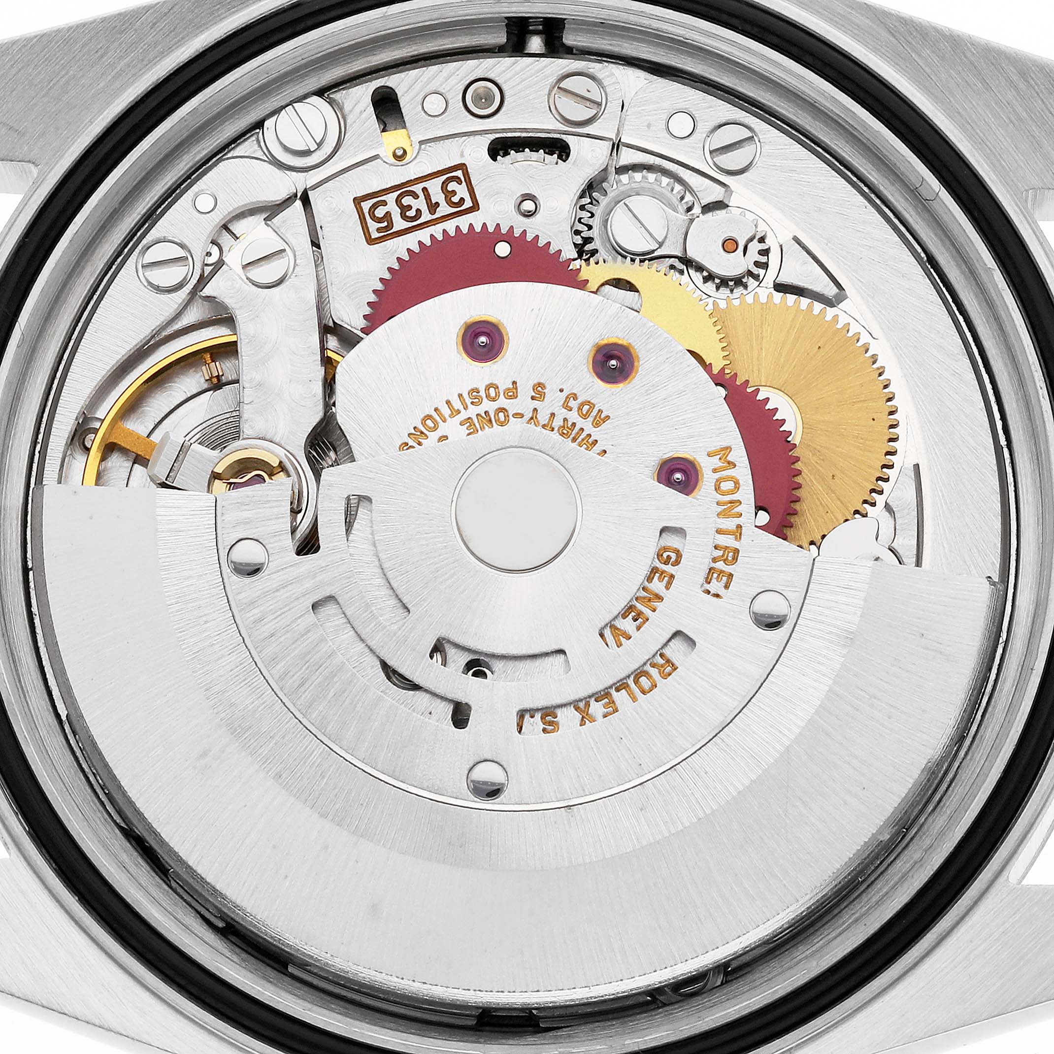 This image shows a close-up view of the internal movement mechanism of a Rolex Datejust 16233 Men's Steel and Gold (two tone) Blue Dial 16233 Men's Steel and Gold (two tone) Blue Dial watch.