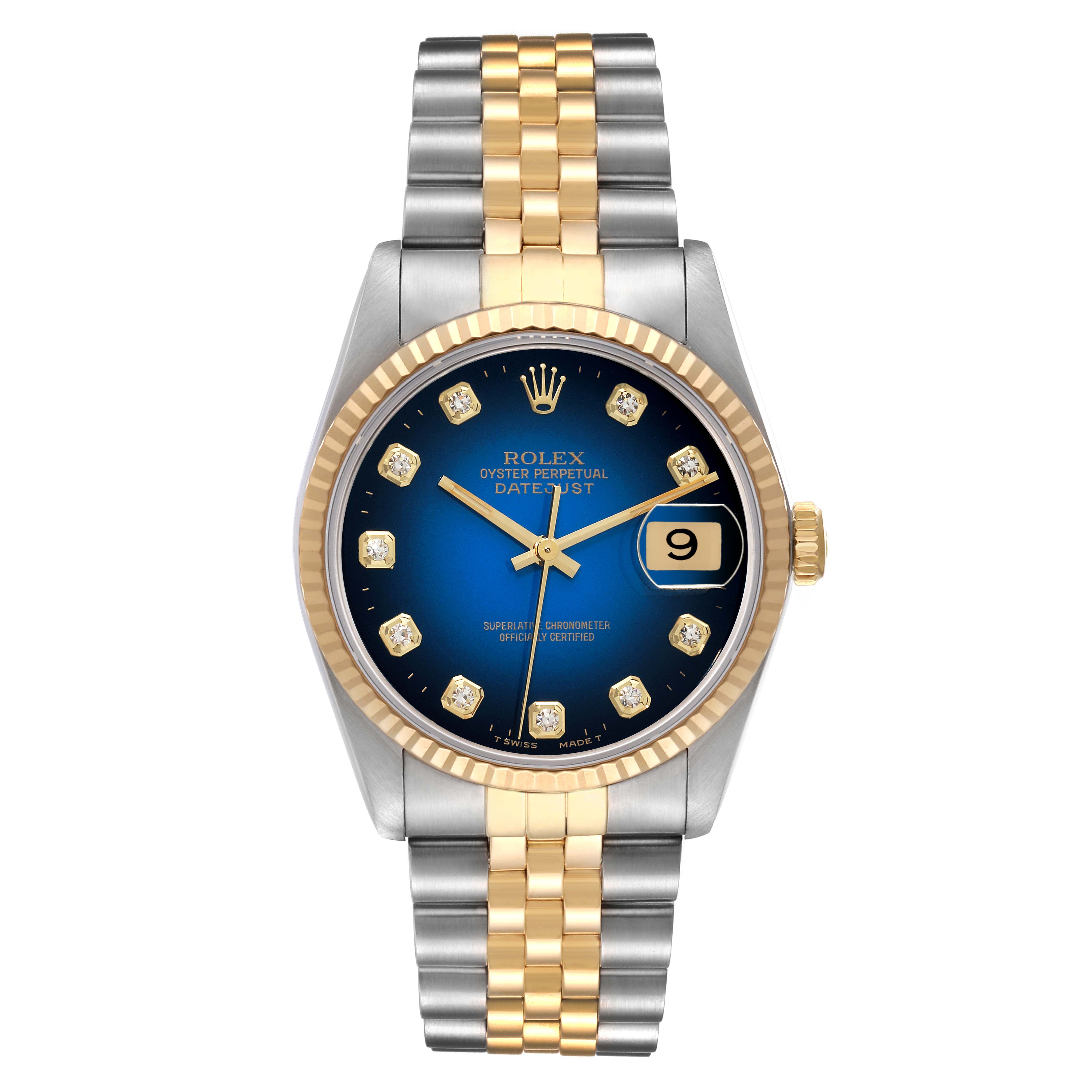 This Rolex Datejust 16233 Men's Steel and Gold (two tone) Blue Dial 16233 Men's Steel and Gold (two tone) Blue Dial watch is shown from a front angle, displaying its blue face, date, two-tone bezel, and bracelet.