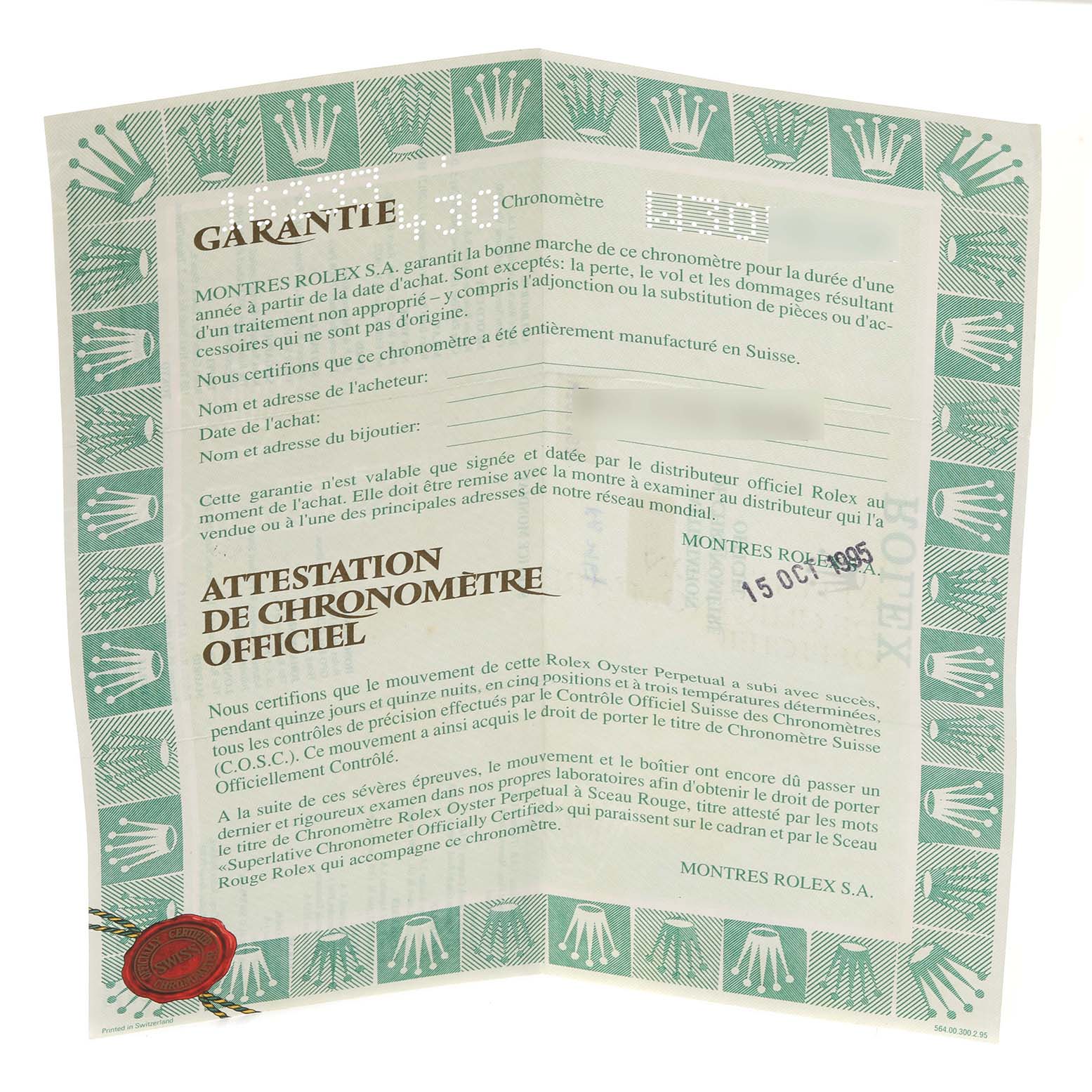 This is a Rolex Datejust 16233 Men's Steel and Gold (two tone) Blue Dial 16233 Men's Steel and Gold (two tone) Blue Dial warranty and chronometer certificate document from 1990, shown fully unfolded.