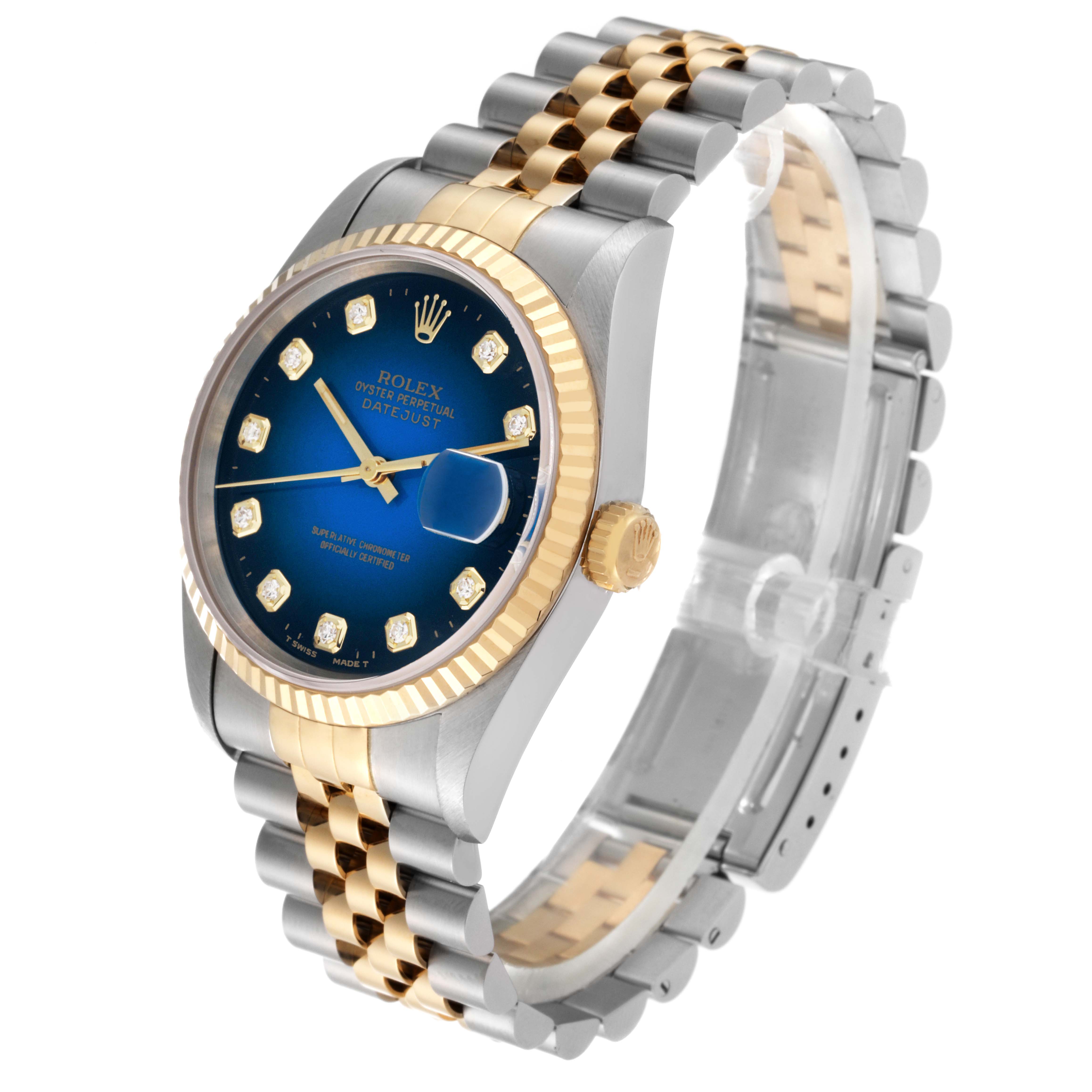 This image shows a Rolex Datejust 16233 Men's Steel and Gold (two tone) Blue Dial 16233 Men's Steel and Gold (two tone) Blue Dial watch from a three-quarter angle, displaying the blue dial, diamond hour markers, bezel, crown, and jubilee bracelet.