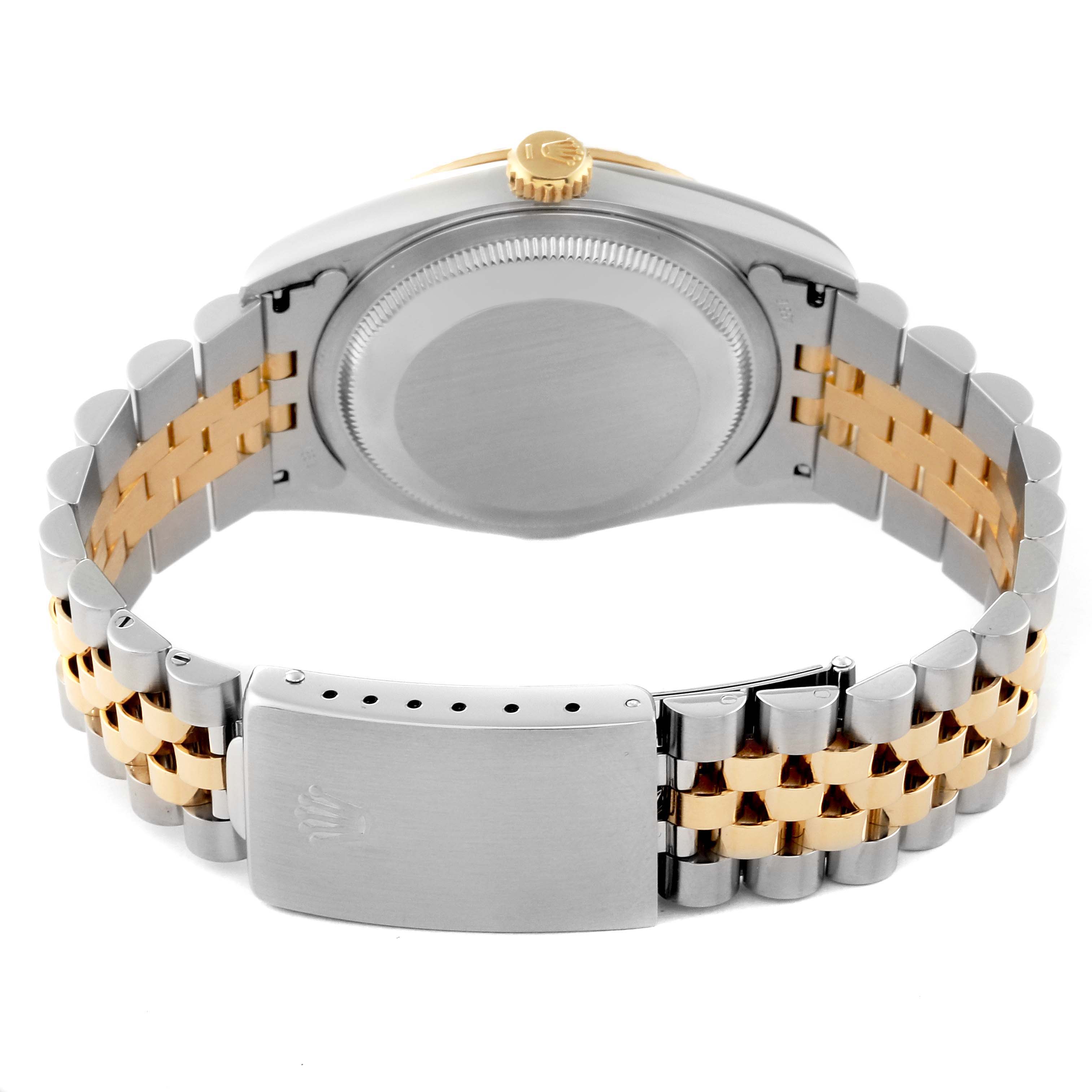 The image shows the back of a Rolex Datejust 16233 Men's Steel and Gold (two tone) Blue Dial 16233 Men's Steel and Gold (two tone) Blue Dial watch, highlighting its case and two-tone bracelet with clasp.