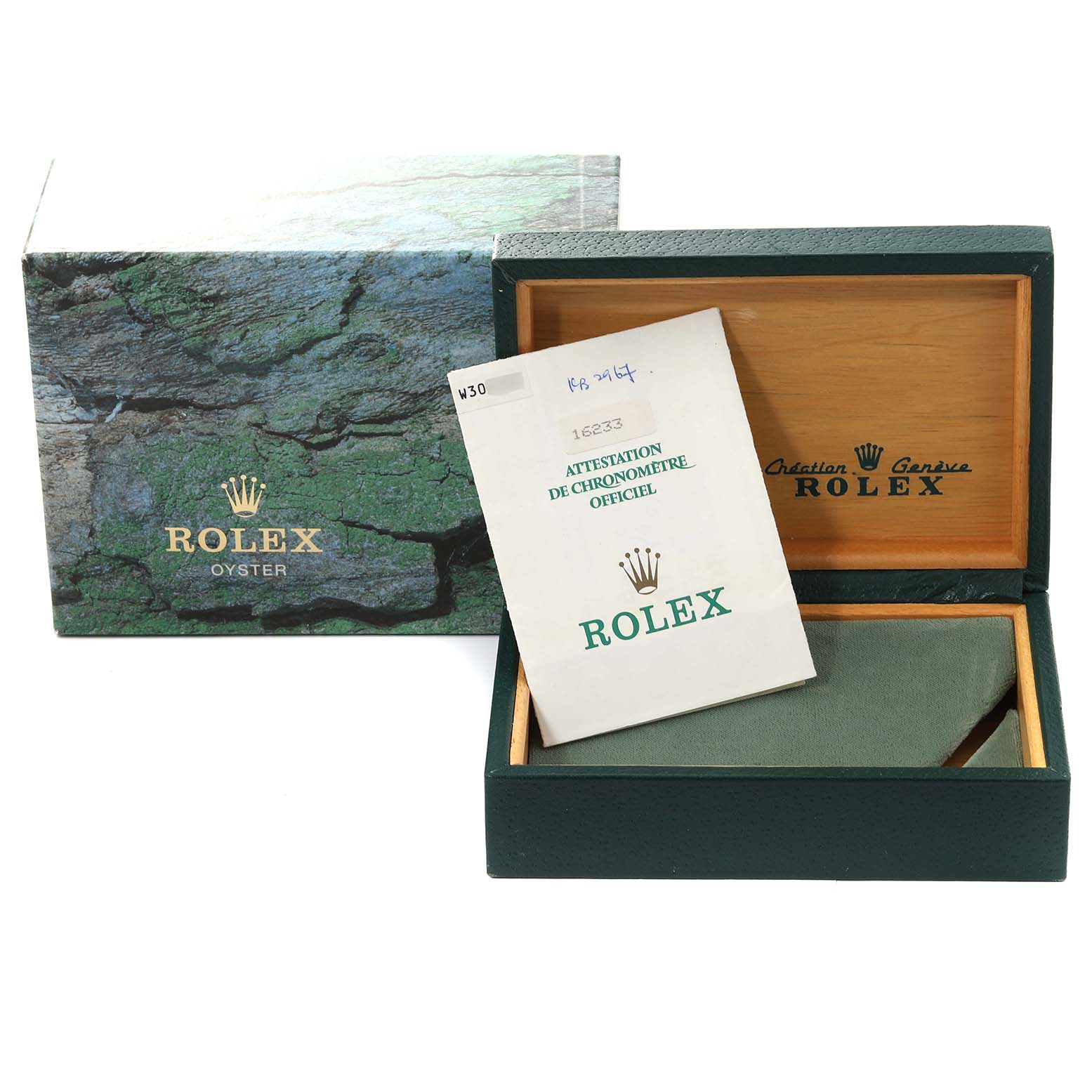 This image shows the box, warranty booklet, and warranty card holder for the Rolex Datejust 16233 Men's Steel and Gold (two tone) Blue Dial 16233 Men's Steel and Gold (two tone) Blue Dial watch, photographed from the front angle.