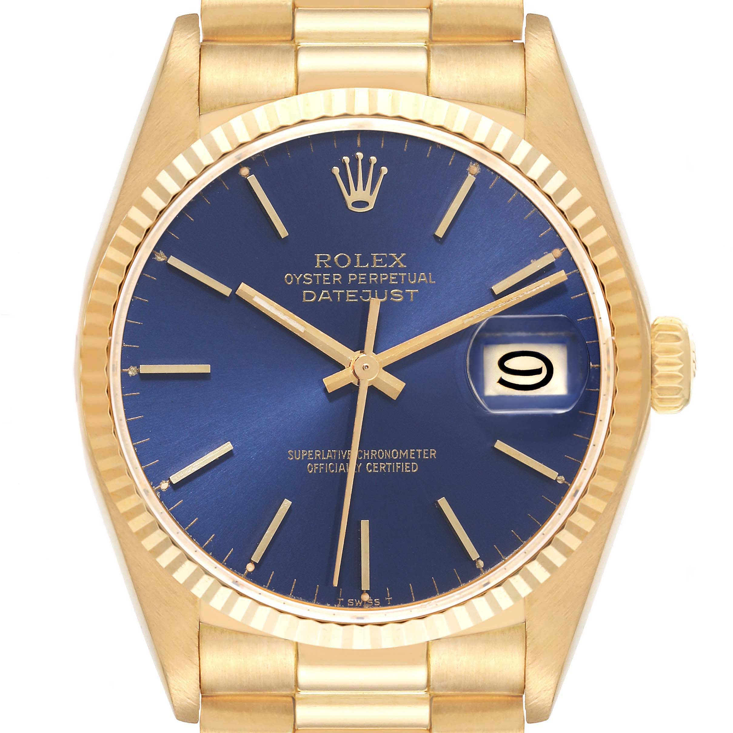 This image shows a frontal view of the Rolex President 16018 Men's Yellow Gold Blue Dial 16018 Men's Yellow Gold Blue Dial model watch with a blue dial and gold bracelet.