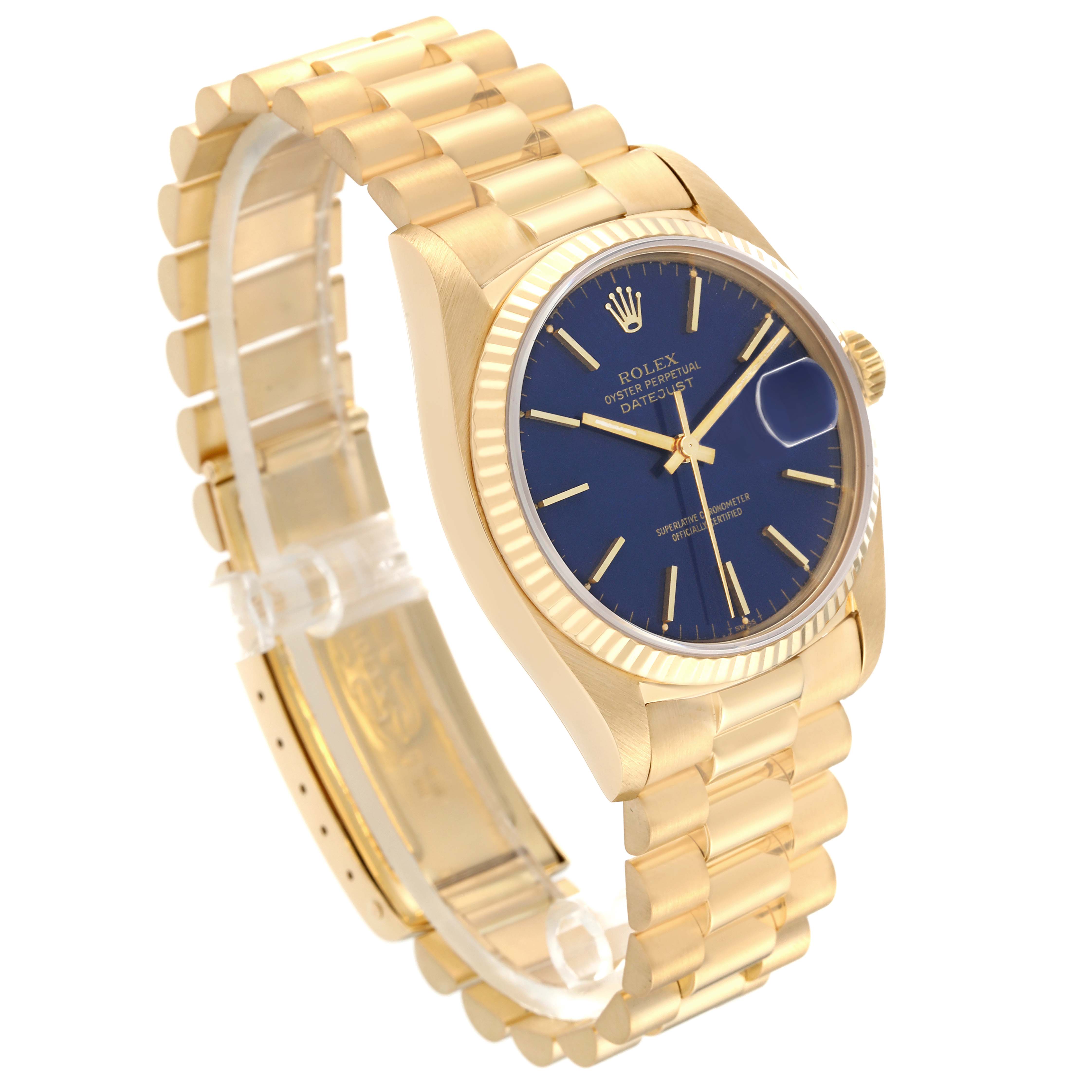 The Rolex Vintage Collection model is shown at an angle displaying the face, crown, and part of the gold bracelet.