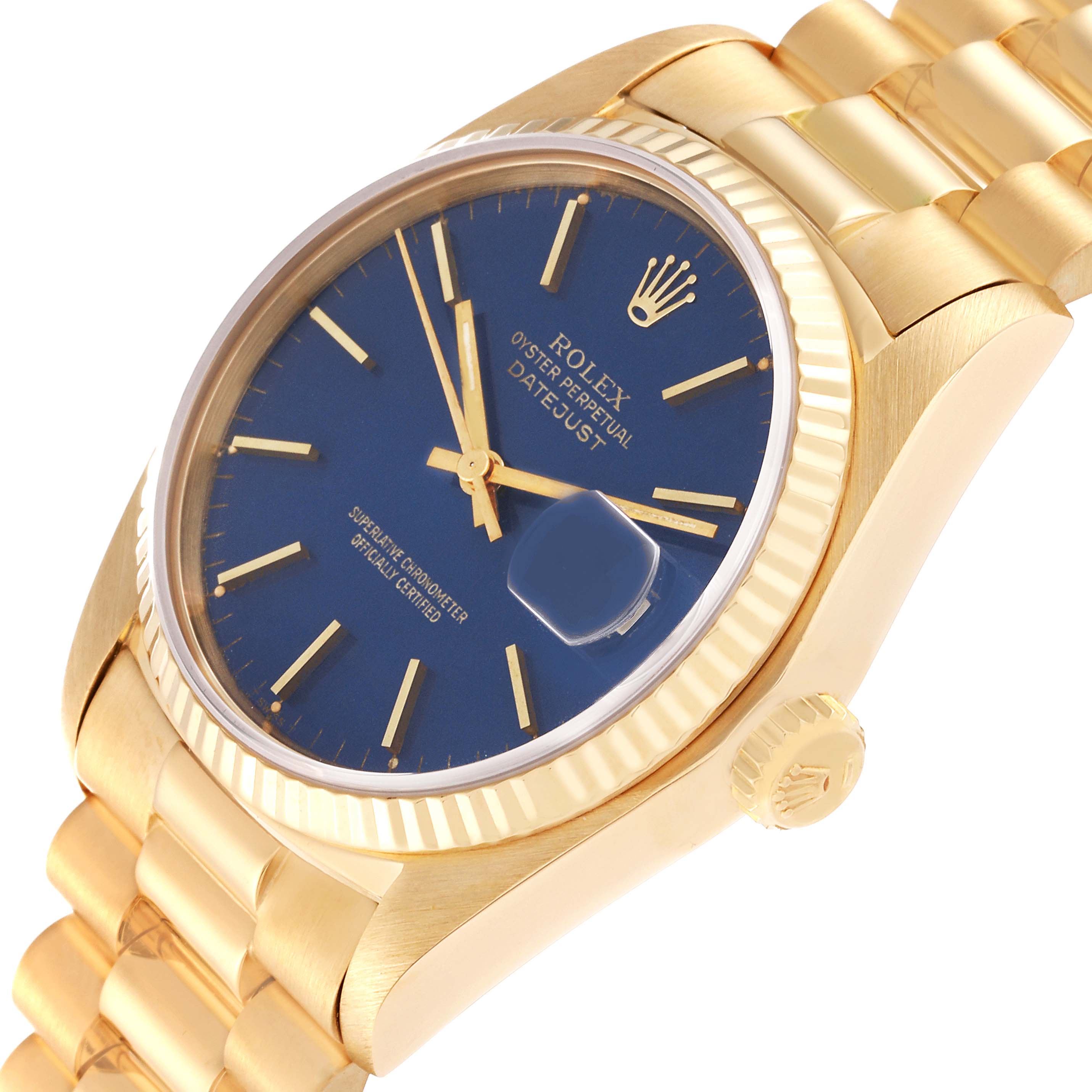 The image shows the Rolex Vintage Collection Datejust watch at an angle, highlighting its blue dial, gold case, and fluted bezel.