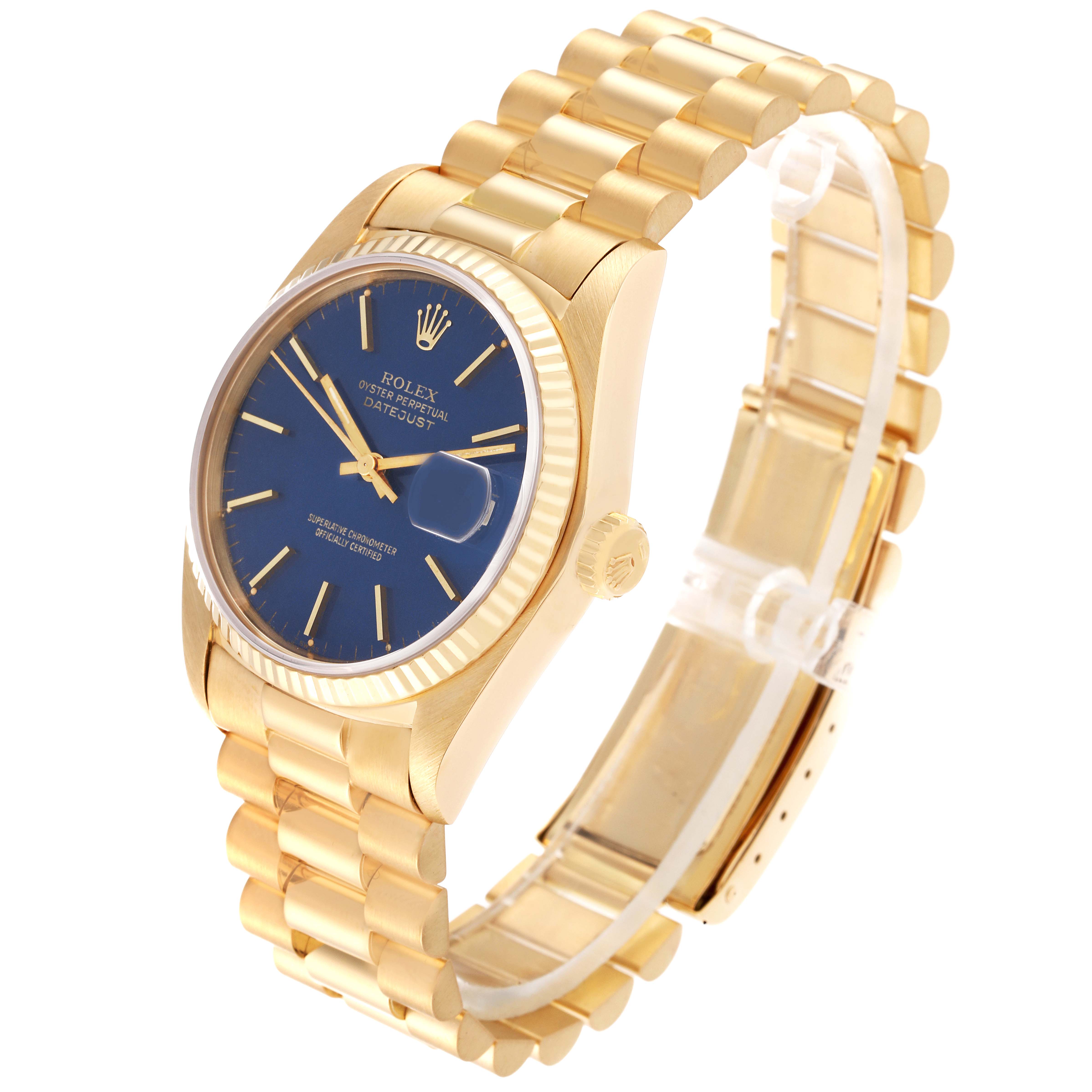 This image shows a side and front angle of the Rolex Vintage Collection model watch, highlighting its gold case, blue dial, and gold bracelet.