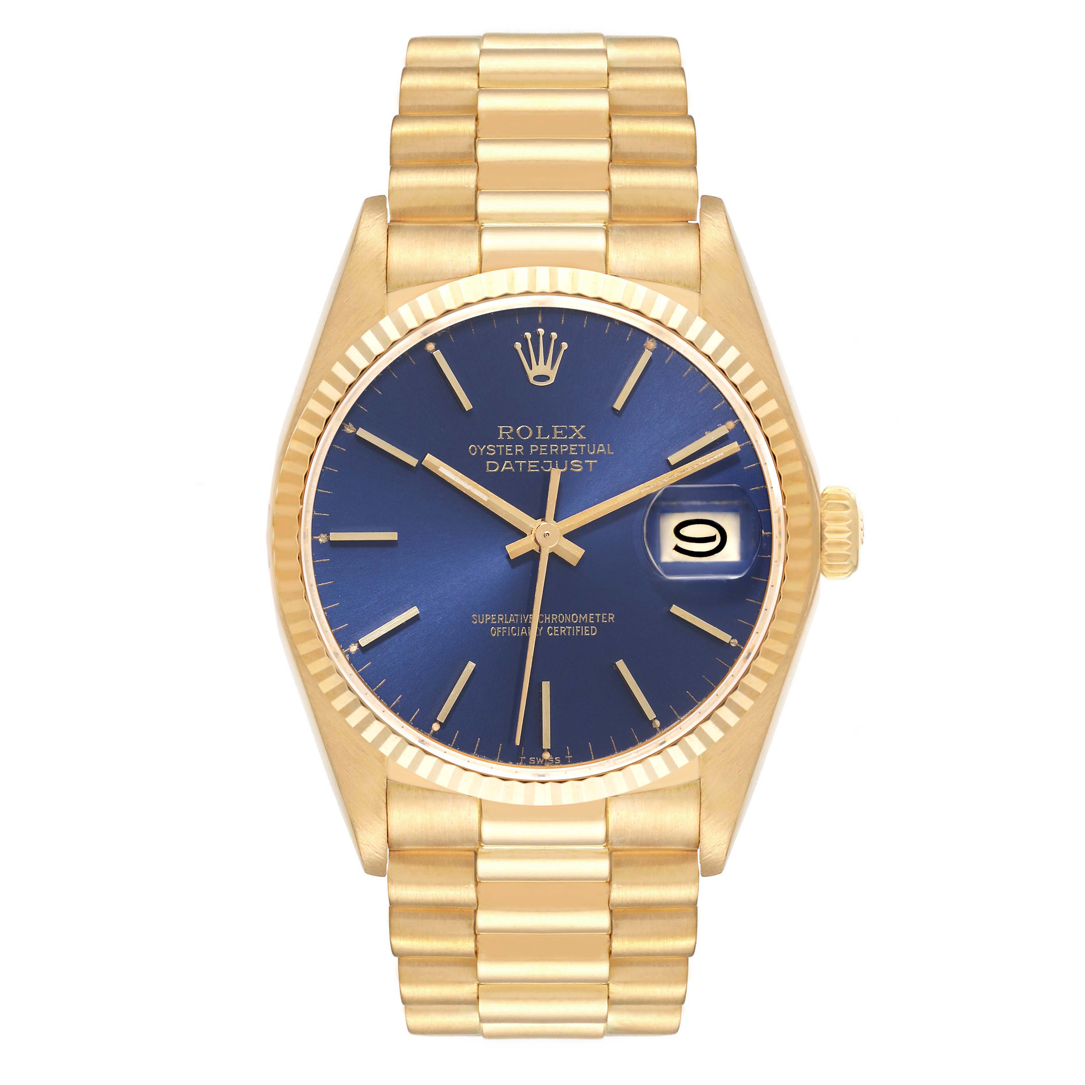 The image shows a front view of a Rolex Vintage Collection Oyster Perpetual Datejust watch with a blue dial and gold bracelet.