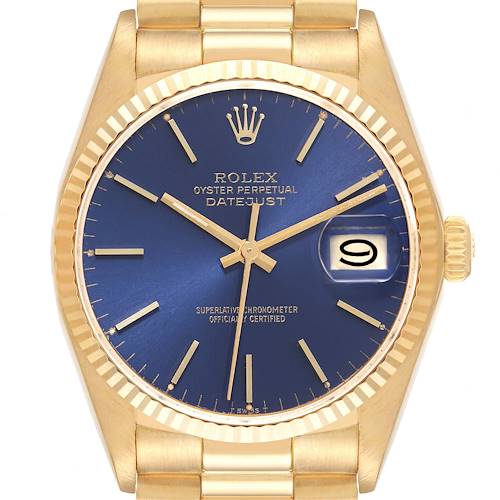 Photo of Rolex Datejust Yellow Gold Blue Dial Vintage Mens Watch 16018