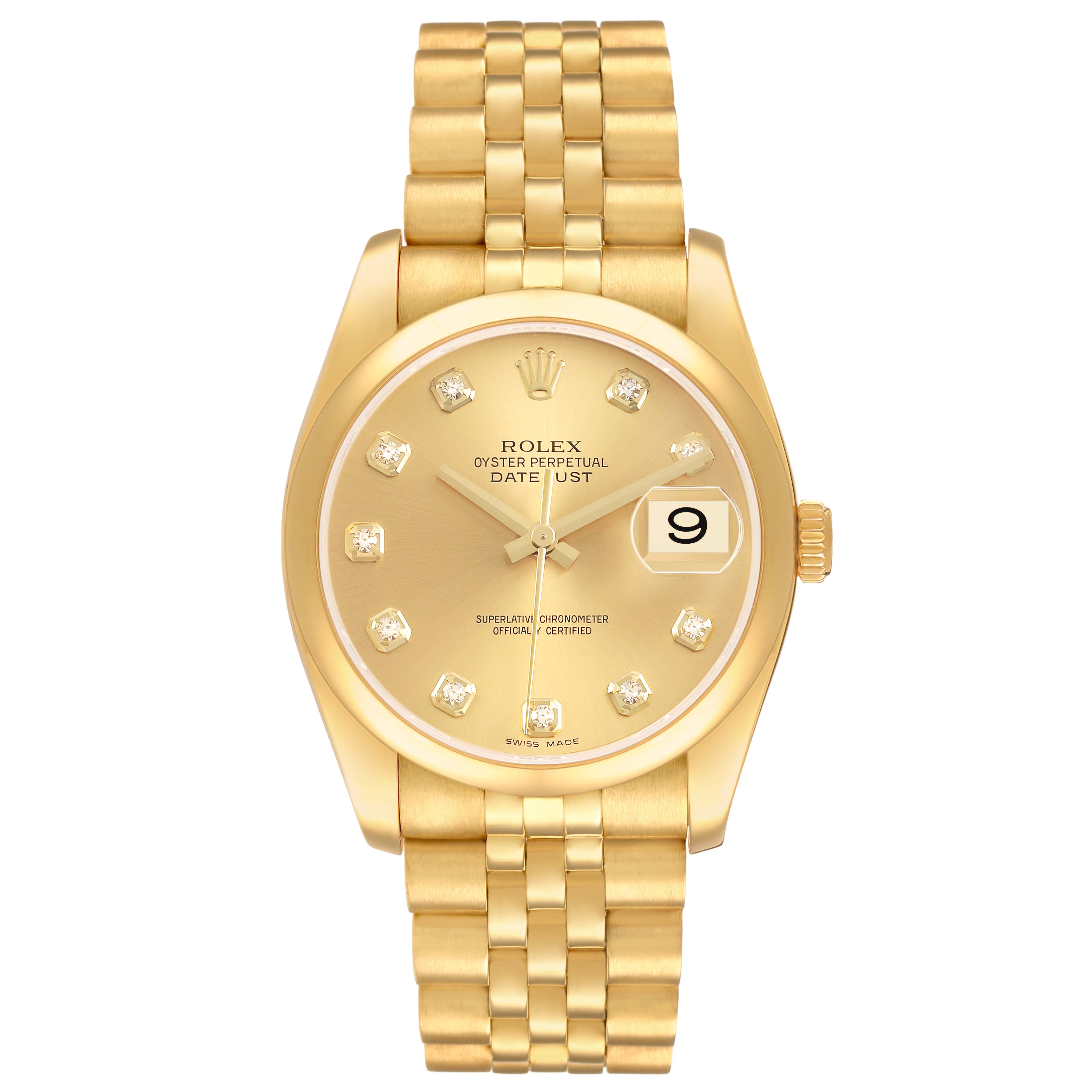 The Rolex Datejust 116208 Men's Yellow Gold Champagne Dial is shown from a front angle, highlighting its gold dial, diamond hour markers, and gold bracelet.