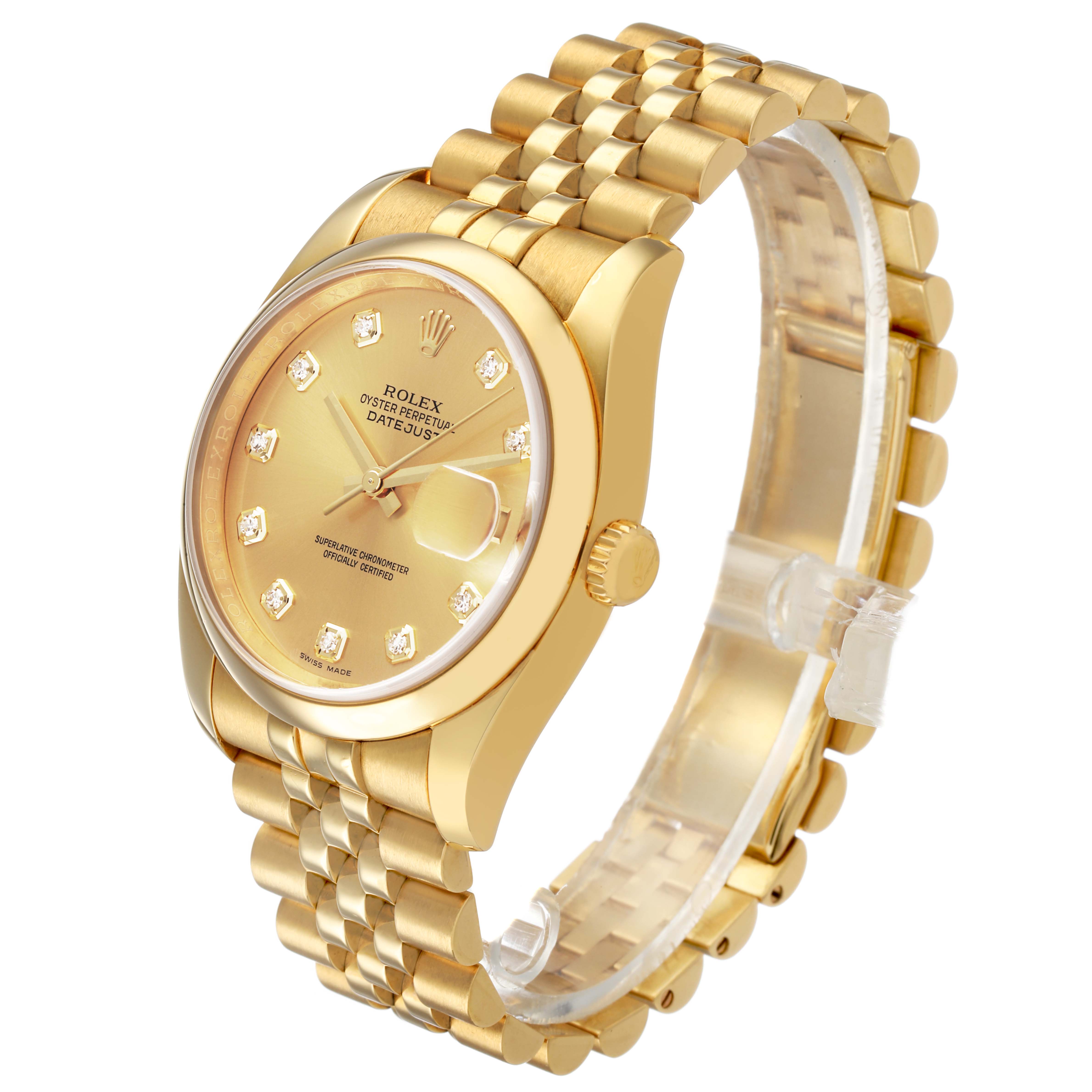 The Rolex Datejust 116208 Men's Yellow Gold Champagne Dial watch is shown at a 3/4 angle, highlighting the gold case, diamond hour markers, and jubilee bracelet.