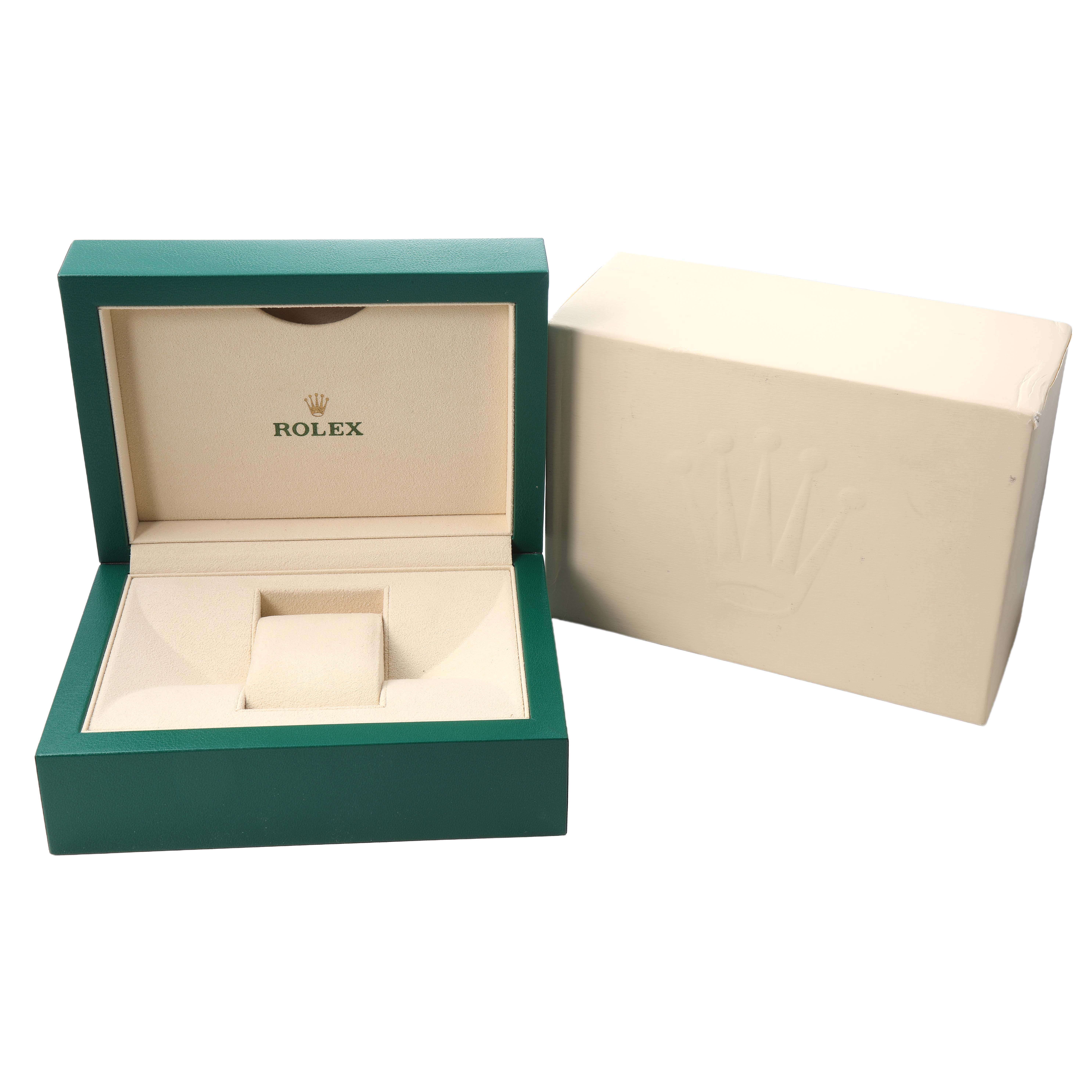 The image shows an open Rolex Datejust 116208 Men's Yellow Gold Champagne Dial green watch box and its outer cream-colored packaging.