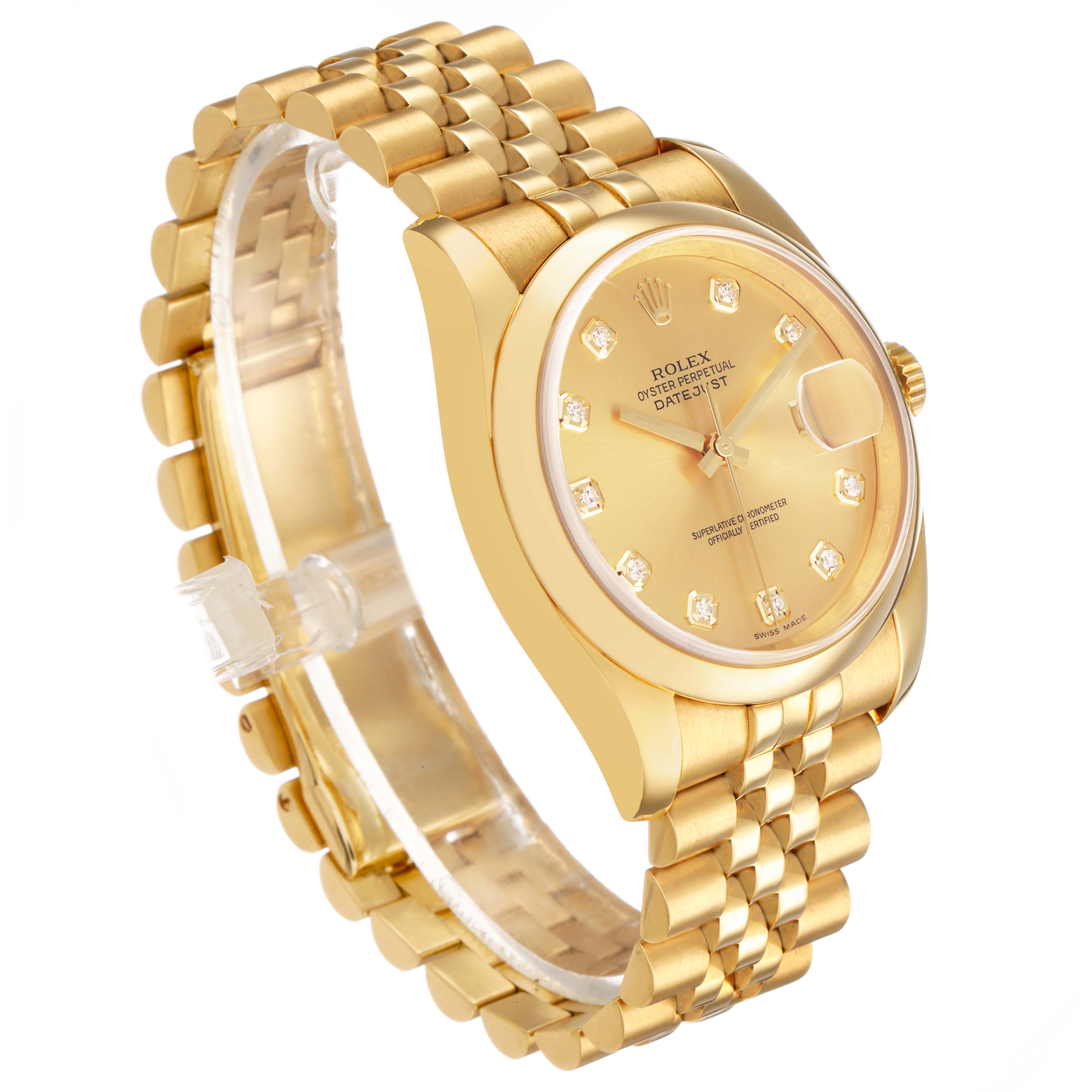 The Rolex Datejust 116208 Men's Yellow Gold Champagne Dial watch is shown at a three-quarter angle, highlighting the gold dial, bezel, and bracelet.