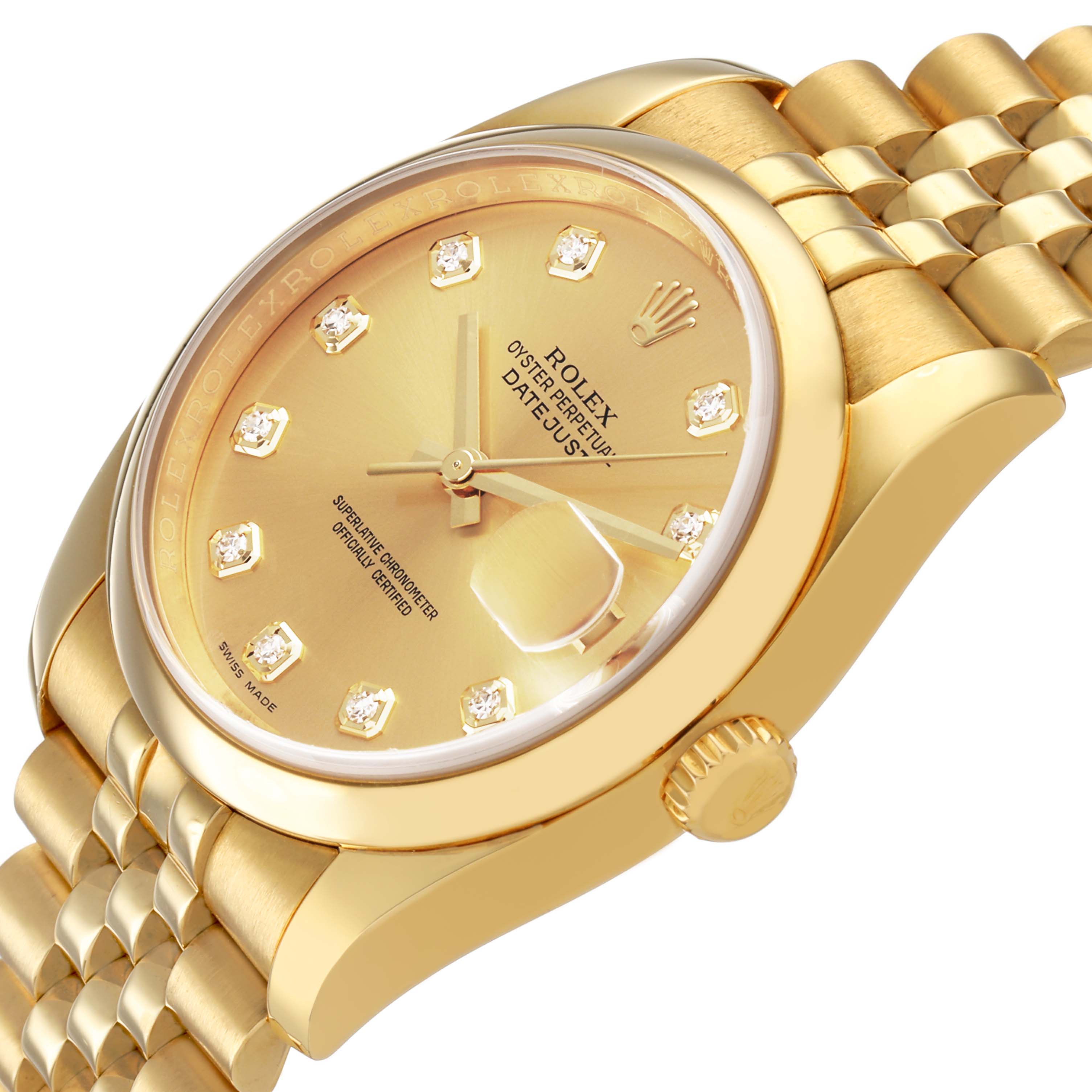 The Rolex Datejust 116208 Men's Yellow Gold Champagne Dial watch is shown at an angle highlighting the face, bezel, crown, and bracelet.