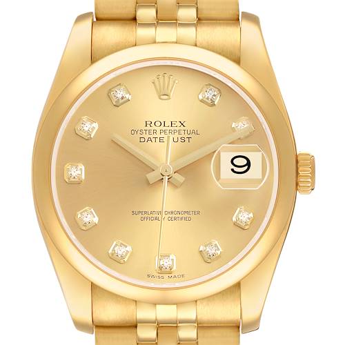 The Rolex Datejust 116208 Men's Yellow Gold Champagne Dial watch is shown from a front angle, highlighting the dial, date window, and part of the bracelet.