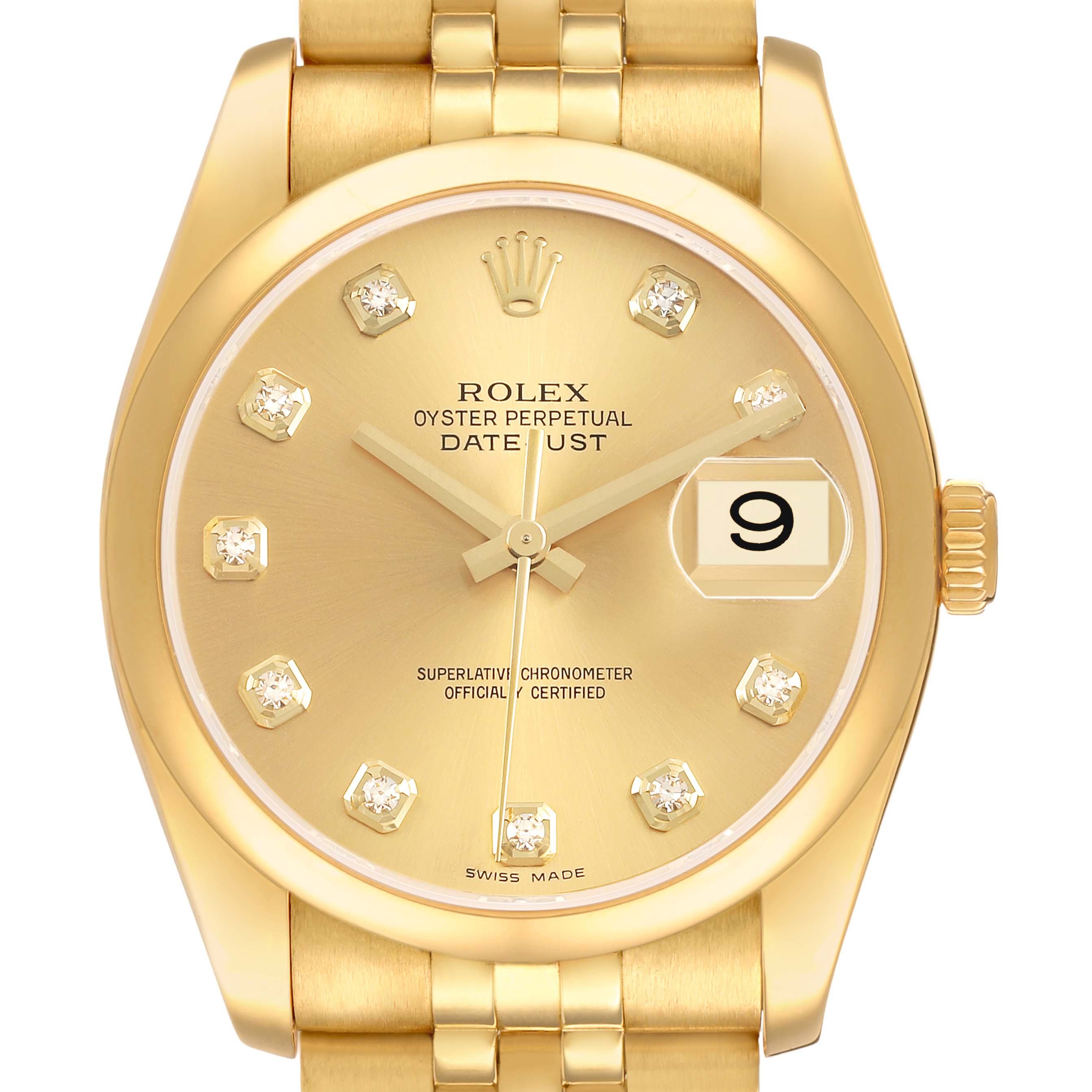 The Rolex Datejust 116208 Men's Yellow Gold Champagne Dial watch is shown from a frontal angle, highlighting the dial, hands, date window, and partial bracelet.