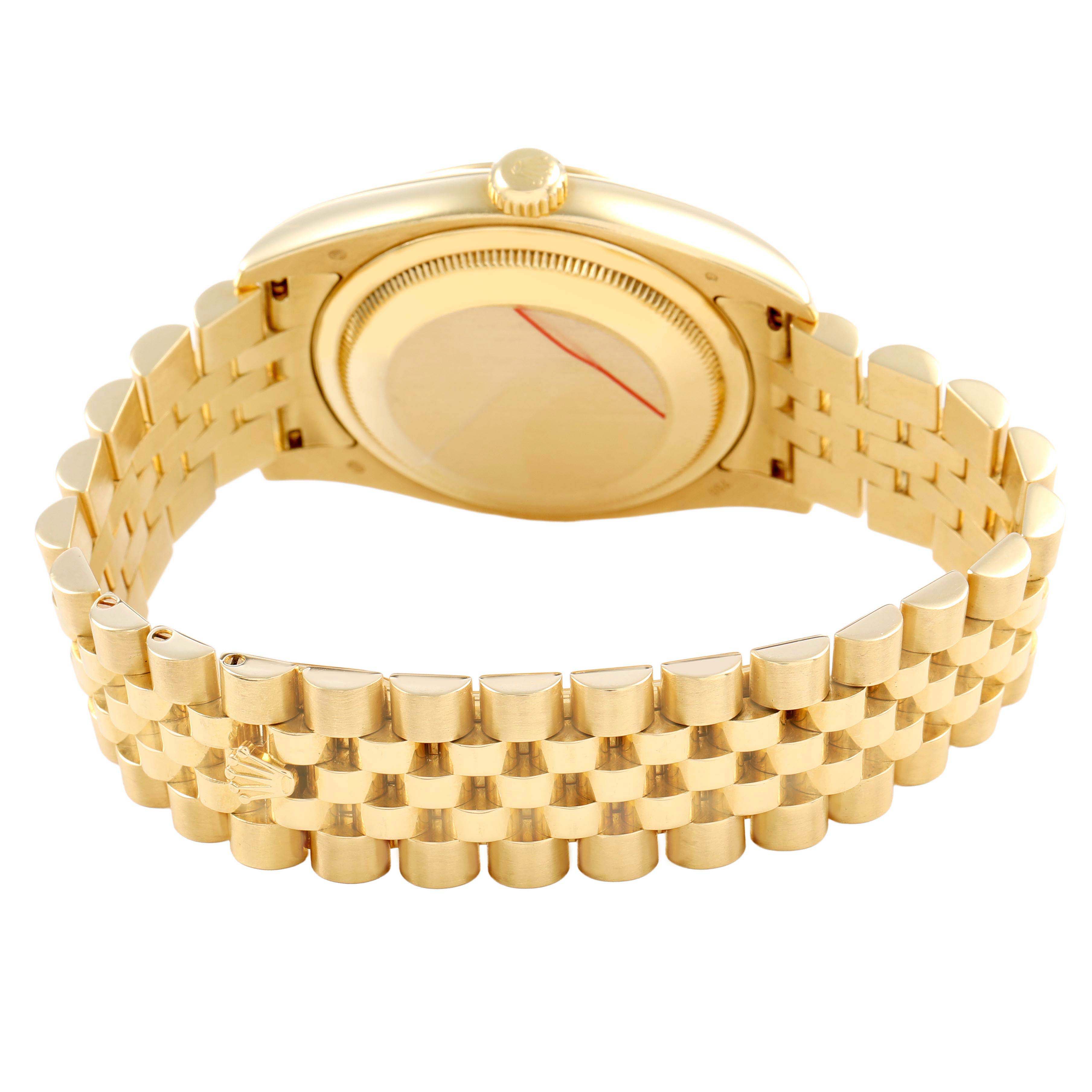 The Rolex Datejust 116208 Men's Yellow Gold Champagne Dial watch is shown from the back, highlighting its gold bracelet and case back.