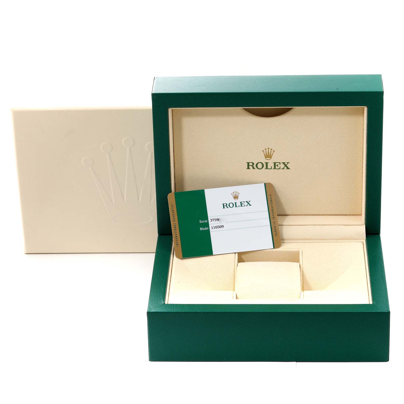 The image displays the packaging and warranty card for a Rolex Daytona 116509 Men's White Gold Blue Dial 116509 Men's White Gold Blue Dial model watch, with an open case and cardholder.