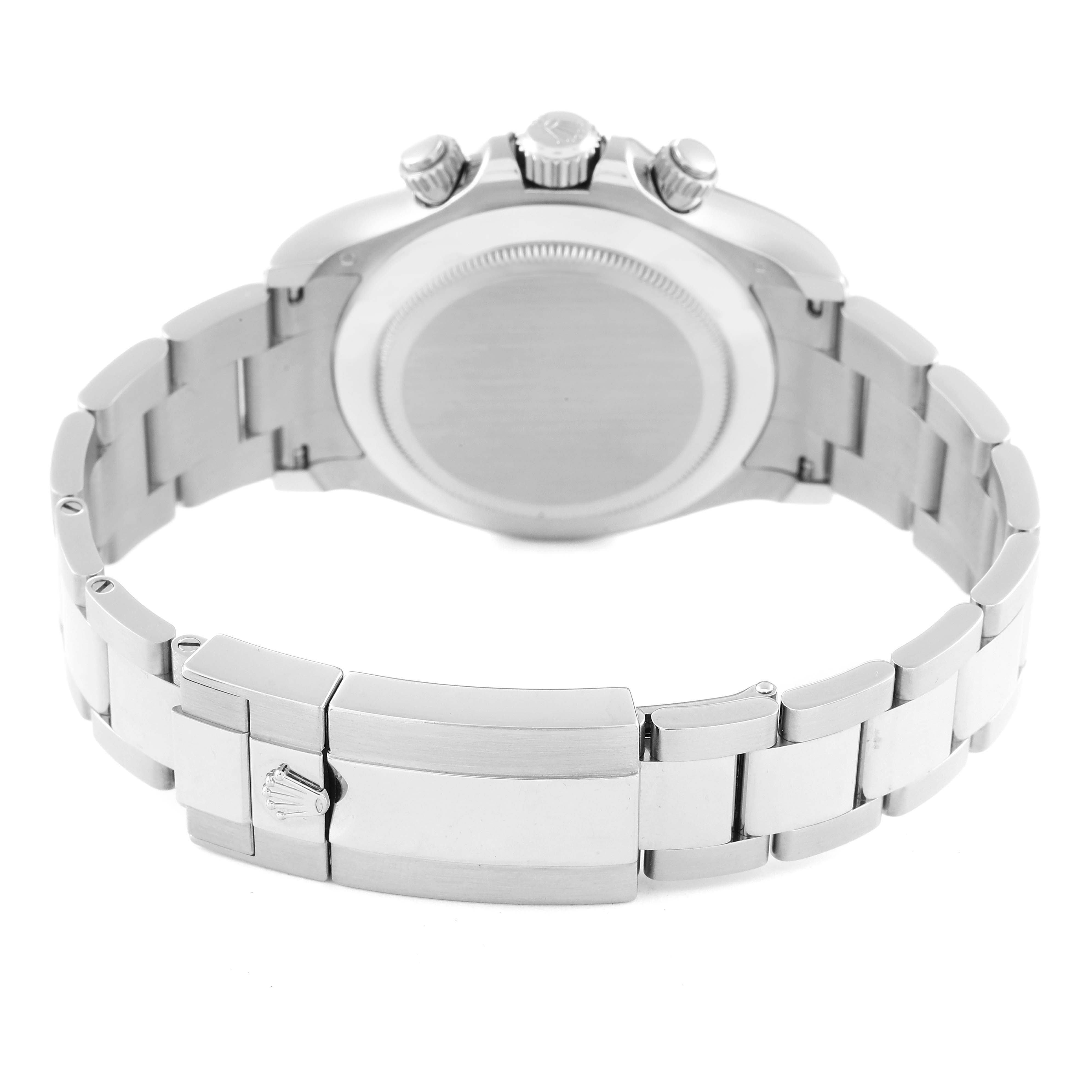 This image shows the back angle of the Rolex Daytona 116509 Men's White Gold Blue Dial 116509 Men's White Gold Blue Dial watch, highlighting its bracelet, clasp, and case back.