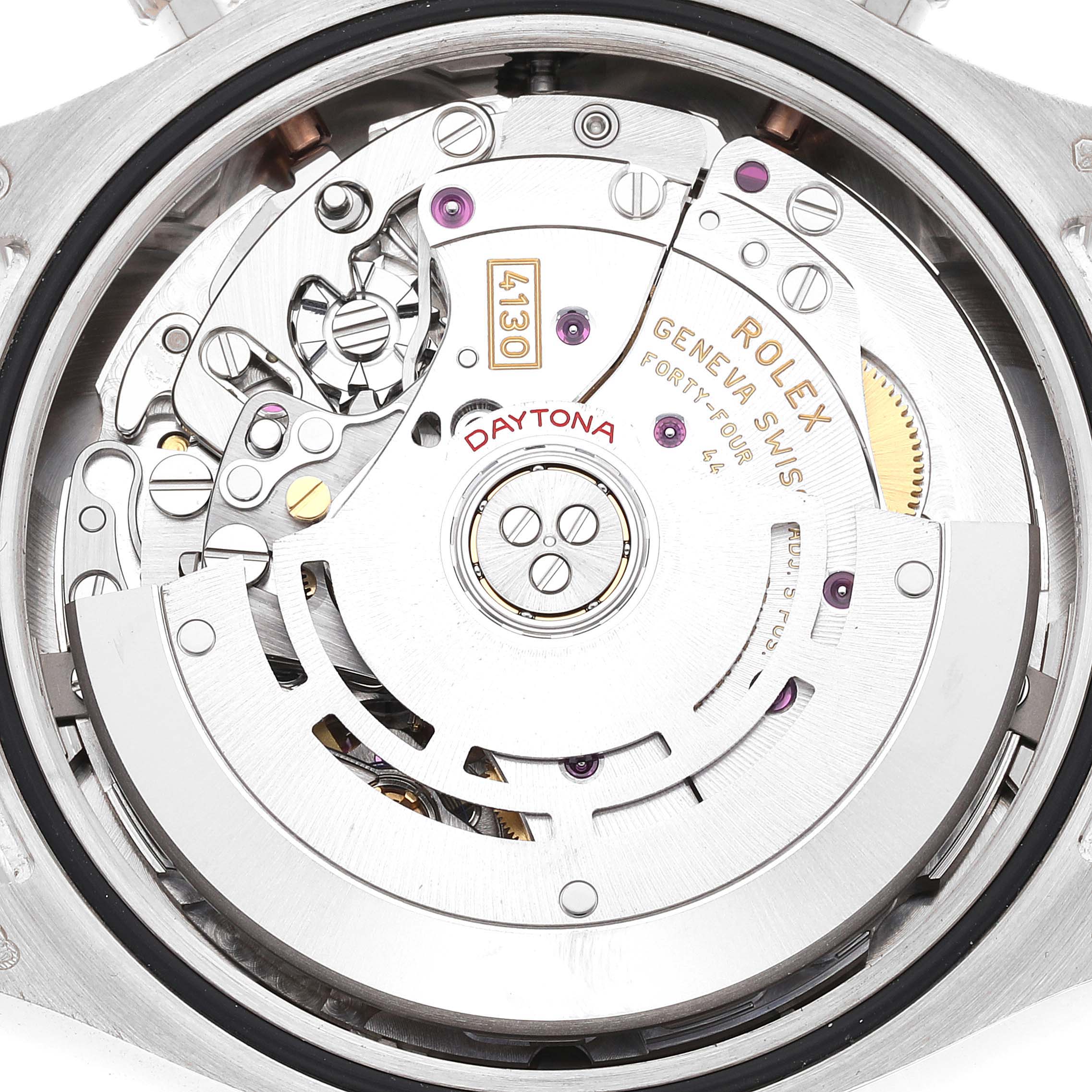The image shows an internal view of the Rolex Daytona 116509 Men's White Gold Blue Dial 116509 Men's White Gold Blue Dial watch movement from the back angle.