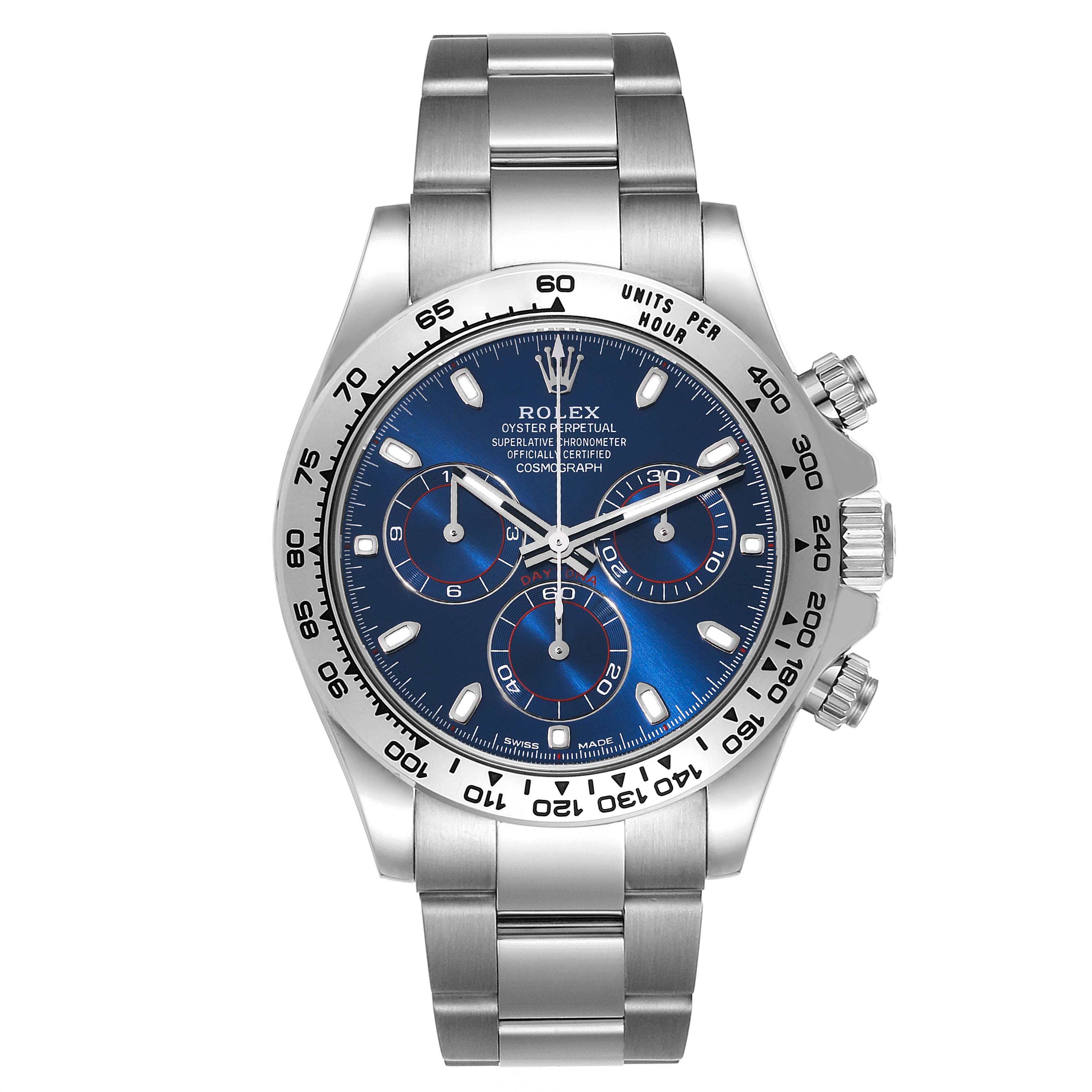 This image shows a frontal view of a Rolex Daytona 116509 Men's White Gold Blue Dial 116509 Men's White Gold Blue Dial watch, featuring the dial, bezel, and bracelet.
