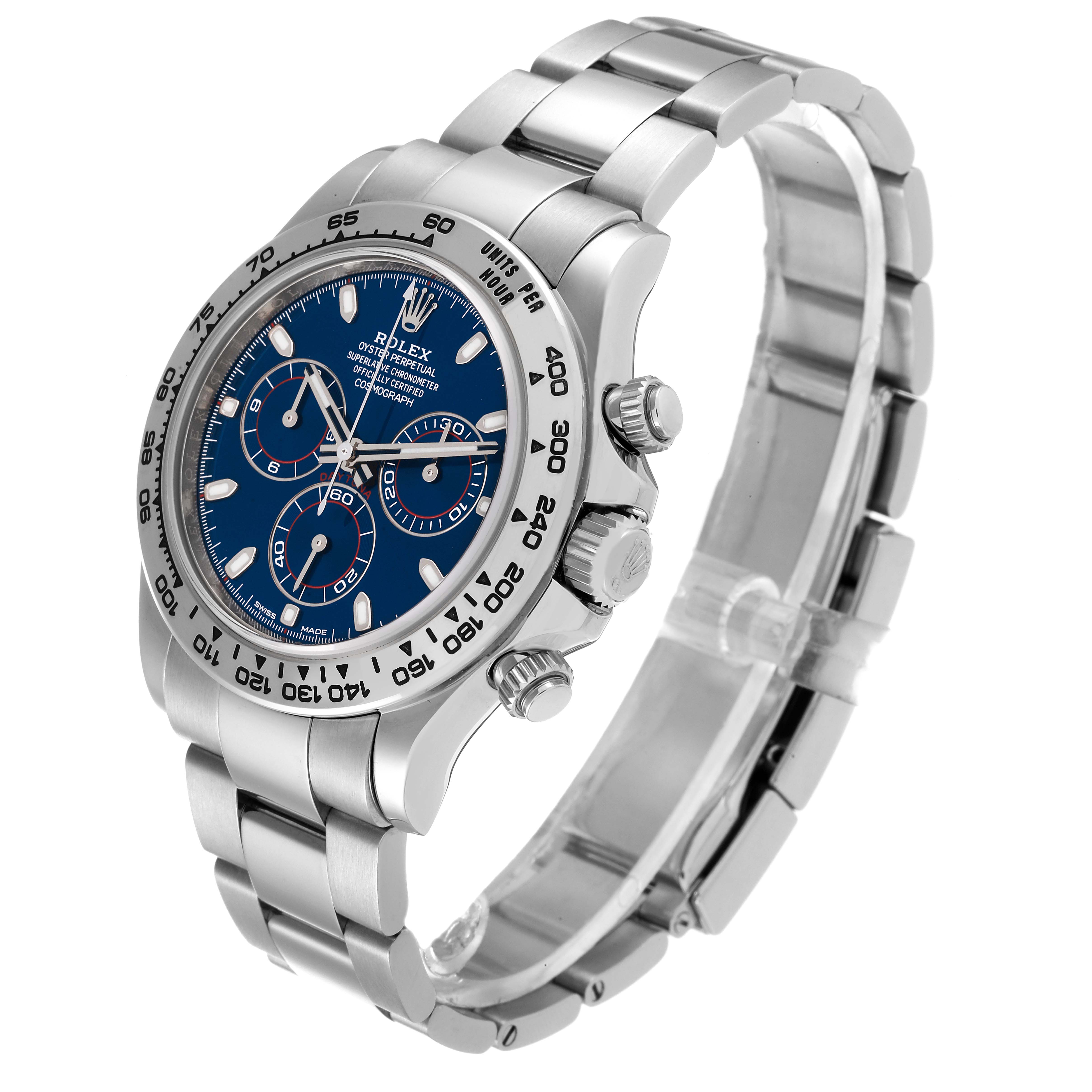 The image shows a side angle of a Rolex Daytona 116509 Men's White Gold Blue Dial 116509 Men's White Gold Blue Dial watch, displaying the face, bezel, pushers, and bracelet.