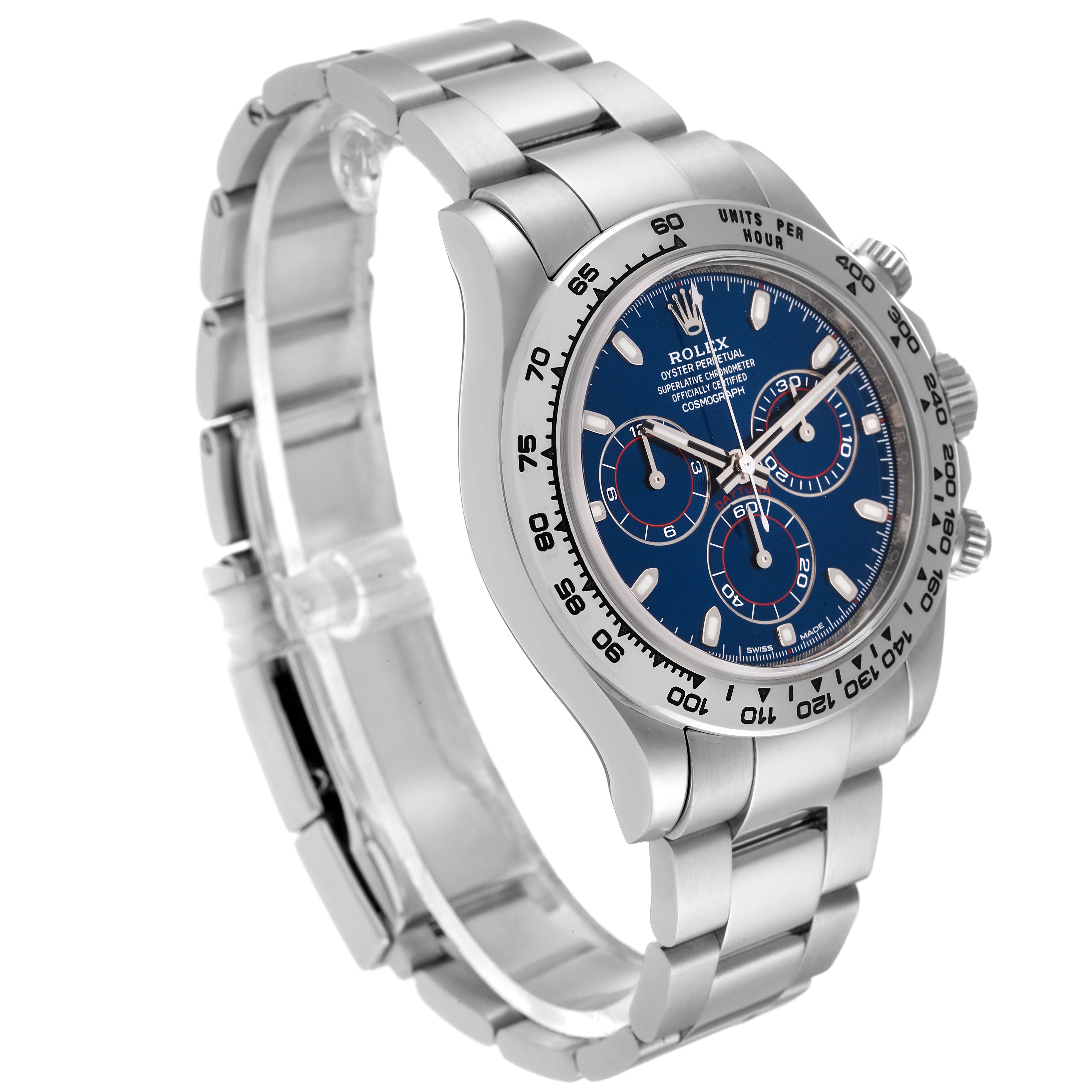 The Rolex Daytona 116509 Men's White Gold Blue Dial 116509 Men's White Gold Blue Dial watch is shown at a three-quarter angle, highlighting the bracelet, bezel, and blue dial with sub-dials.