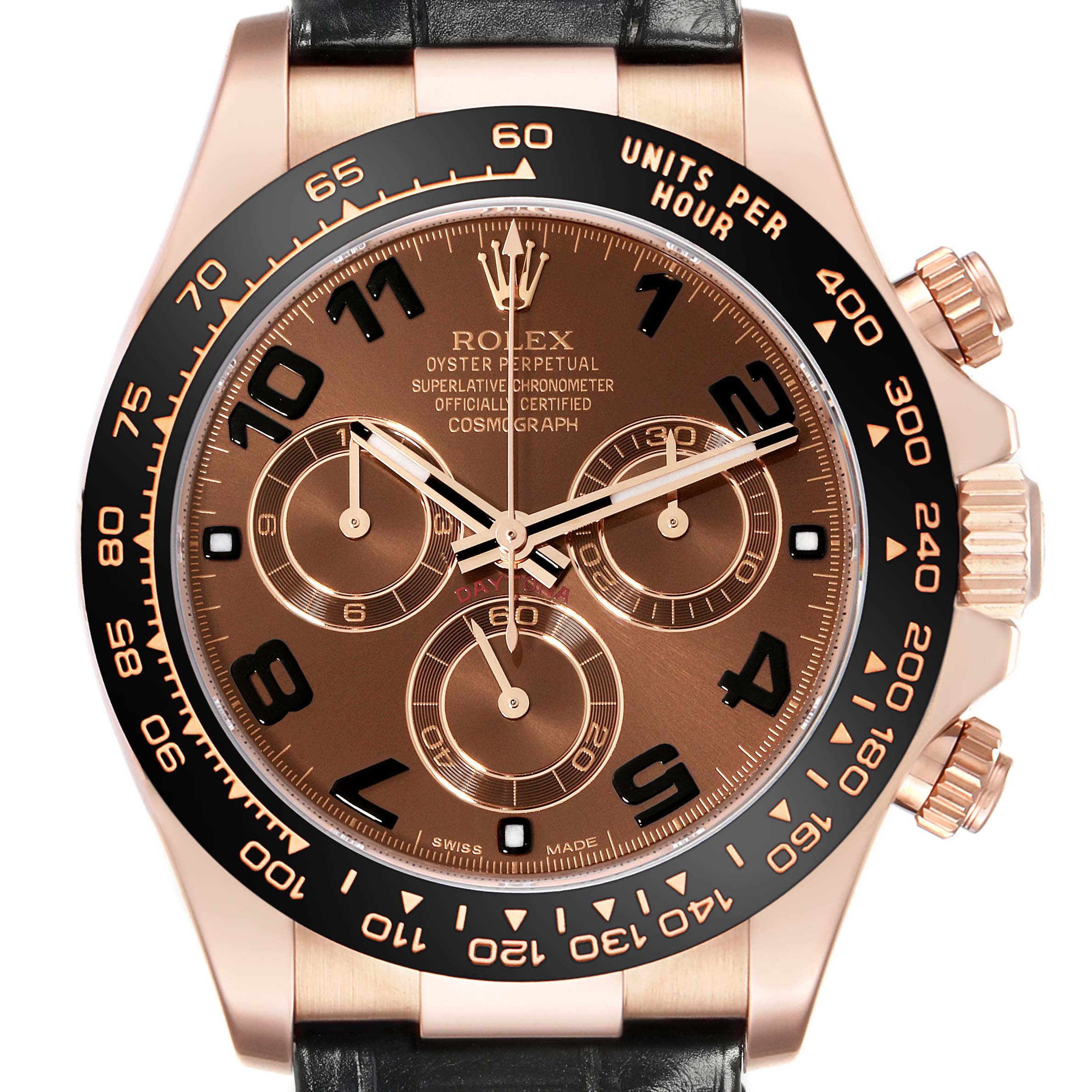 The image shows a Rolex Daytona 116515 Men's Rose Gold Brown Dial watch from the front, highlighting its dial, bezel, sub-dials, and pushers.