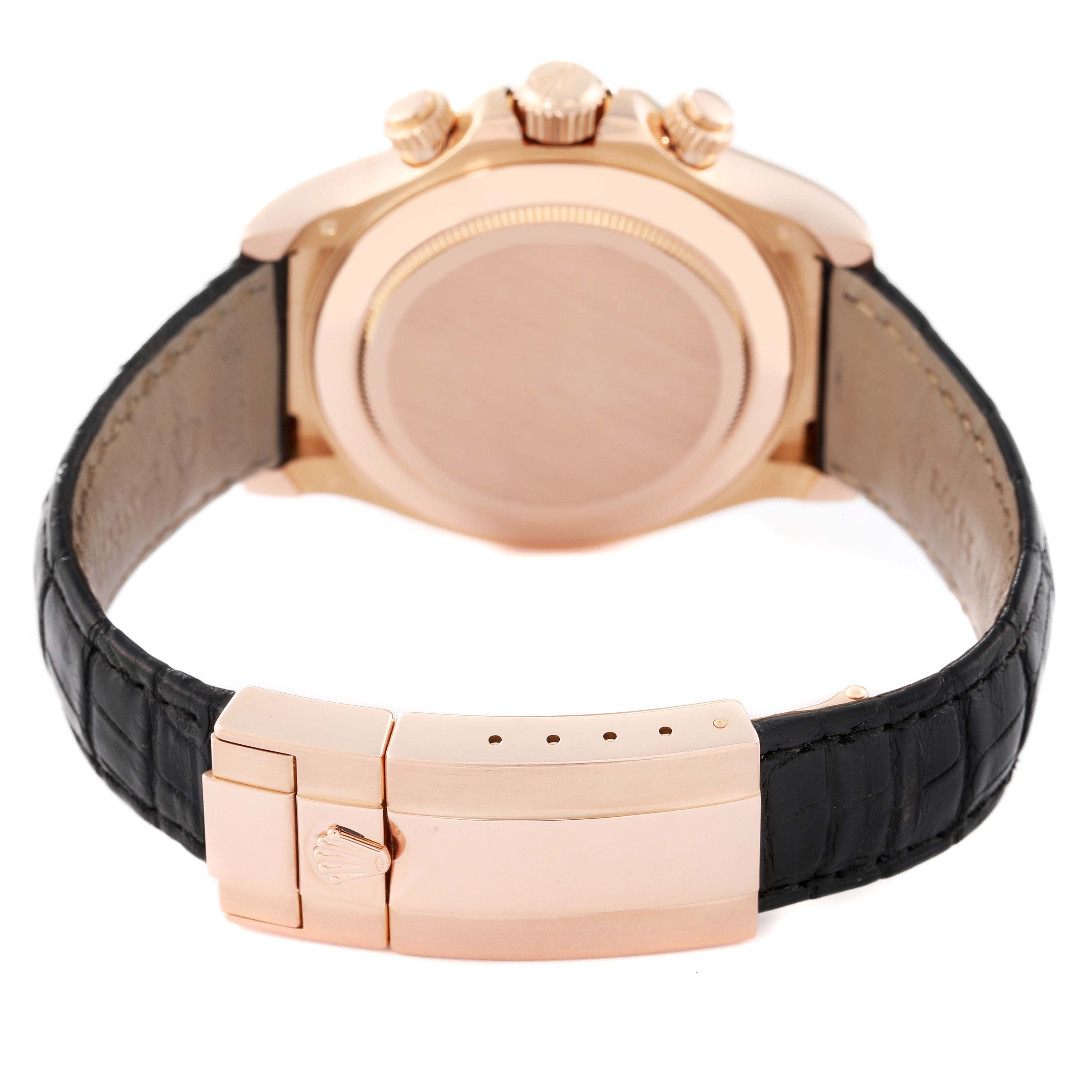 The image shows the back view of a Rolex Daytona 116515 Men's Rose Gold Brown Dial watch, highlighting the clasp and leather strap.