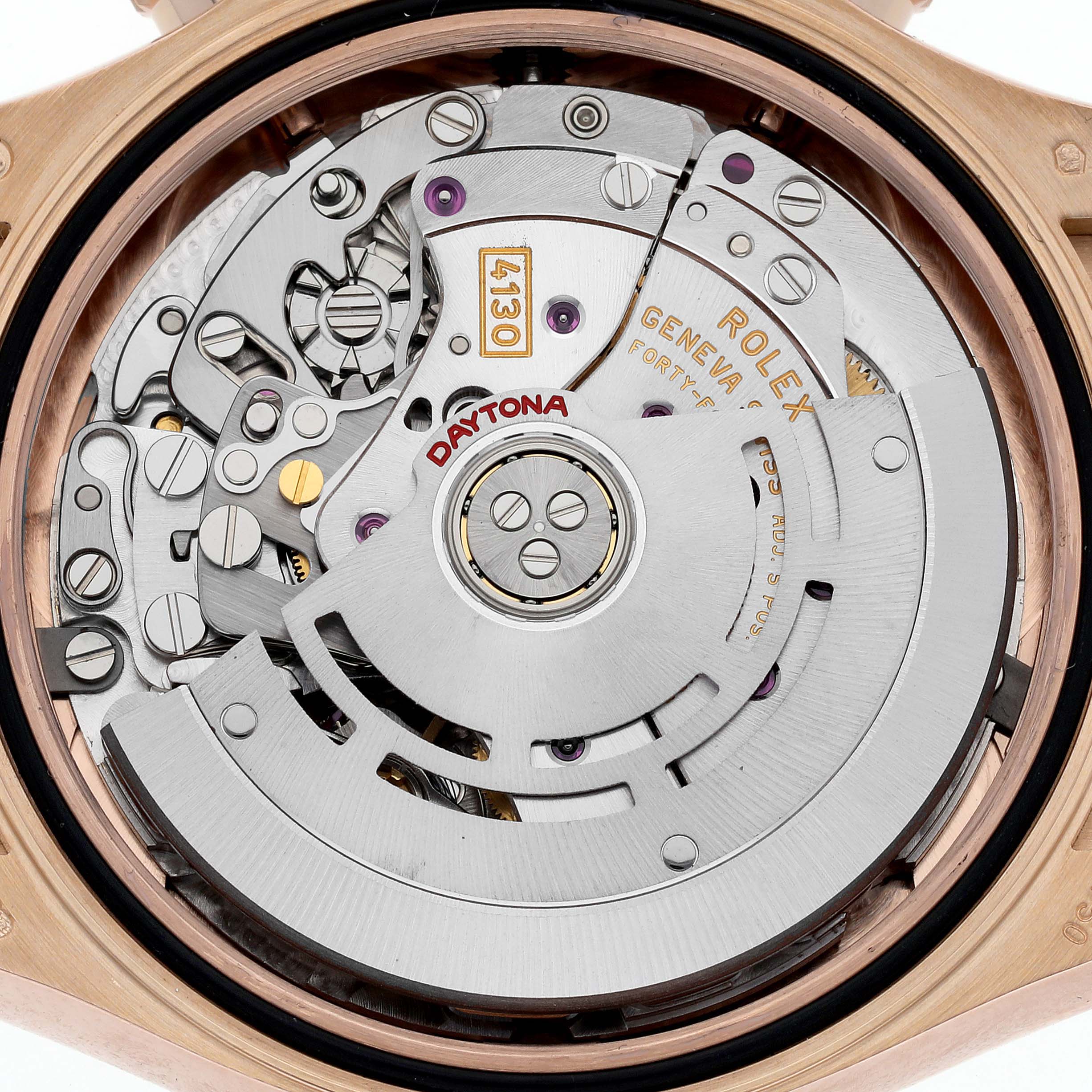 The image shows the movement of a Rolex Daytona 116515 Men's Rose Gold Brown Dial watch, highlighting its intricate inner mechanics.