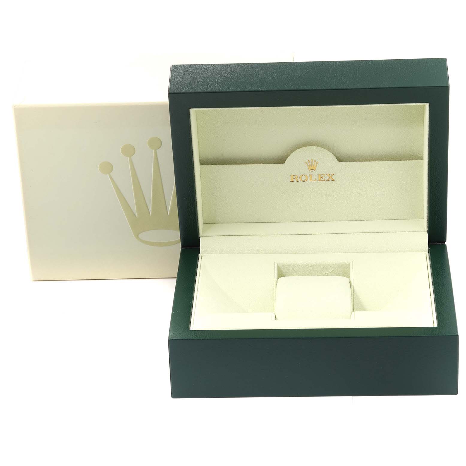 The image shows an open Rolex Daytona 116515 Men's Rose Gold Brown Dial watch box with a green exterior and beige interior, highlighting the brand logo.