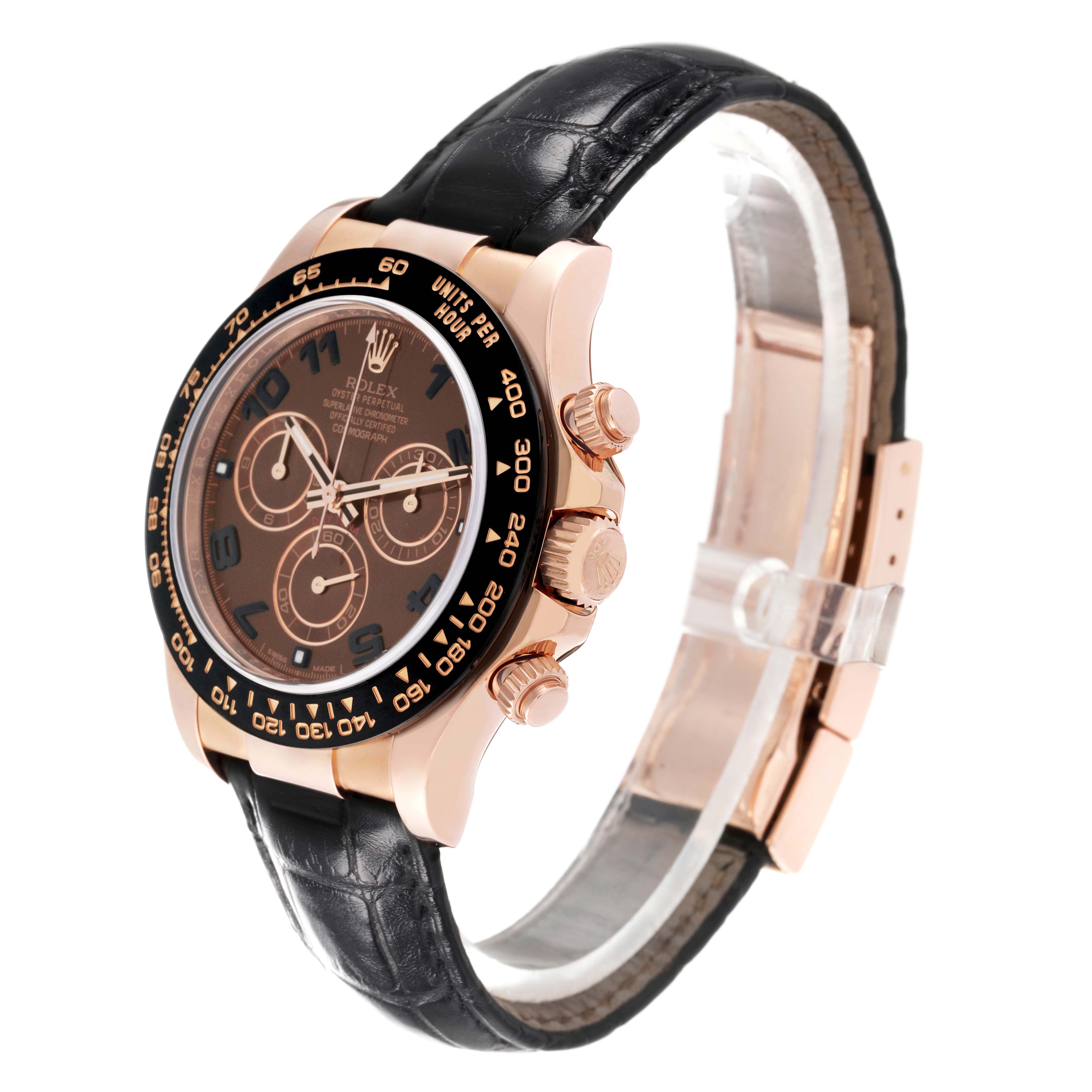 The Rolex Daytona 116515 Men's Rose Gold Brown Dial watch is shown at a side angle, highlighting its rose gold case, black leather strap, and chronograph dials.