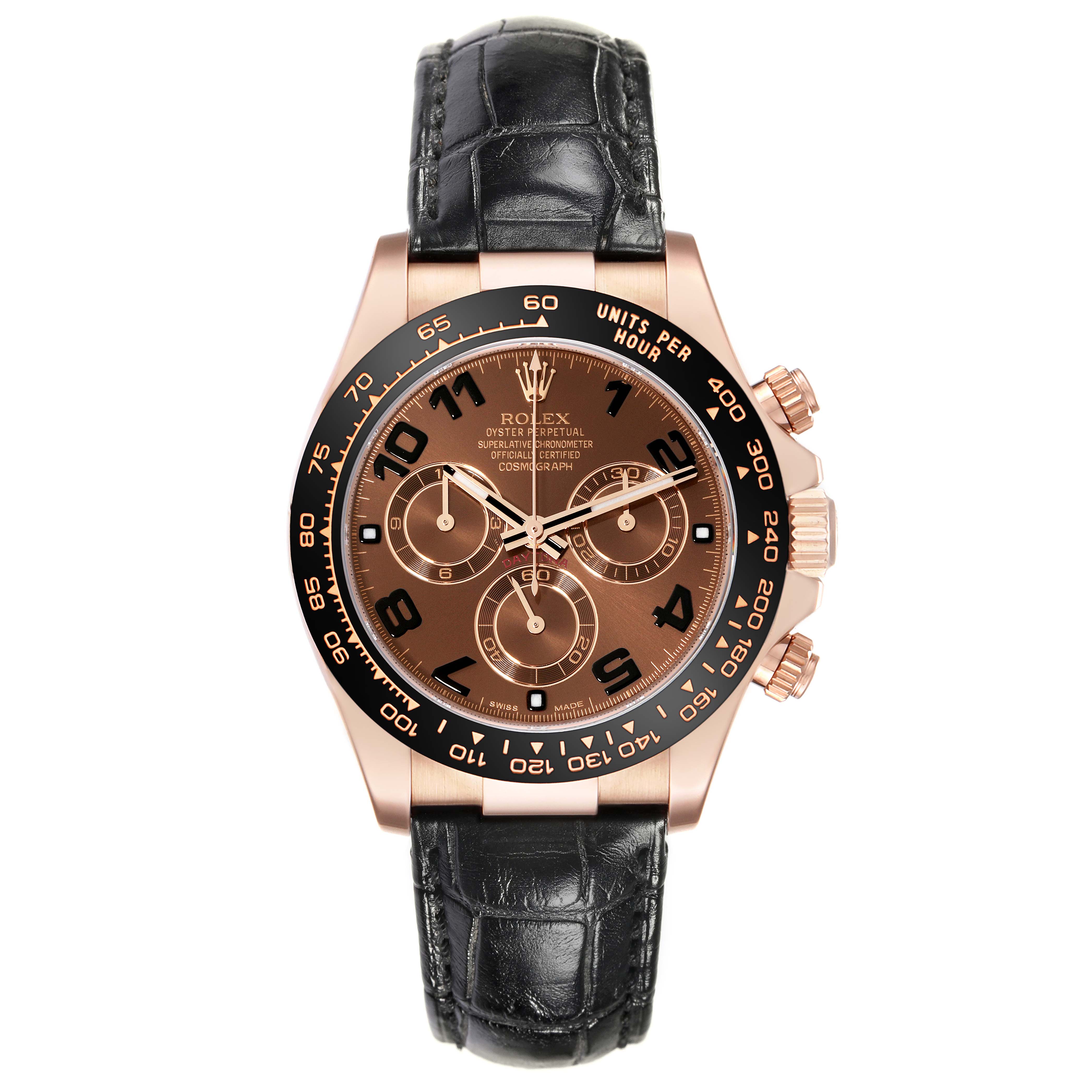 The Rolex Daytona 116515 Men's Rose Gold Brown Dial watch is shown from the front, highlighting its rose gold case, black bezel, and leather strap.