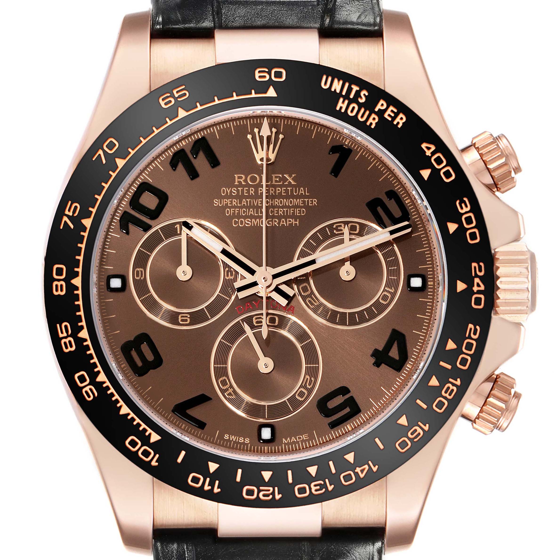 The Rolex Daytona 116515 Men's Rose Gold Brown Dial watch is shown from the front, highlighting the dial, bezel, subdials, and crown.