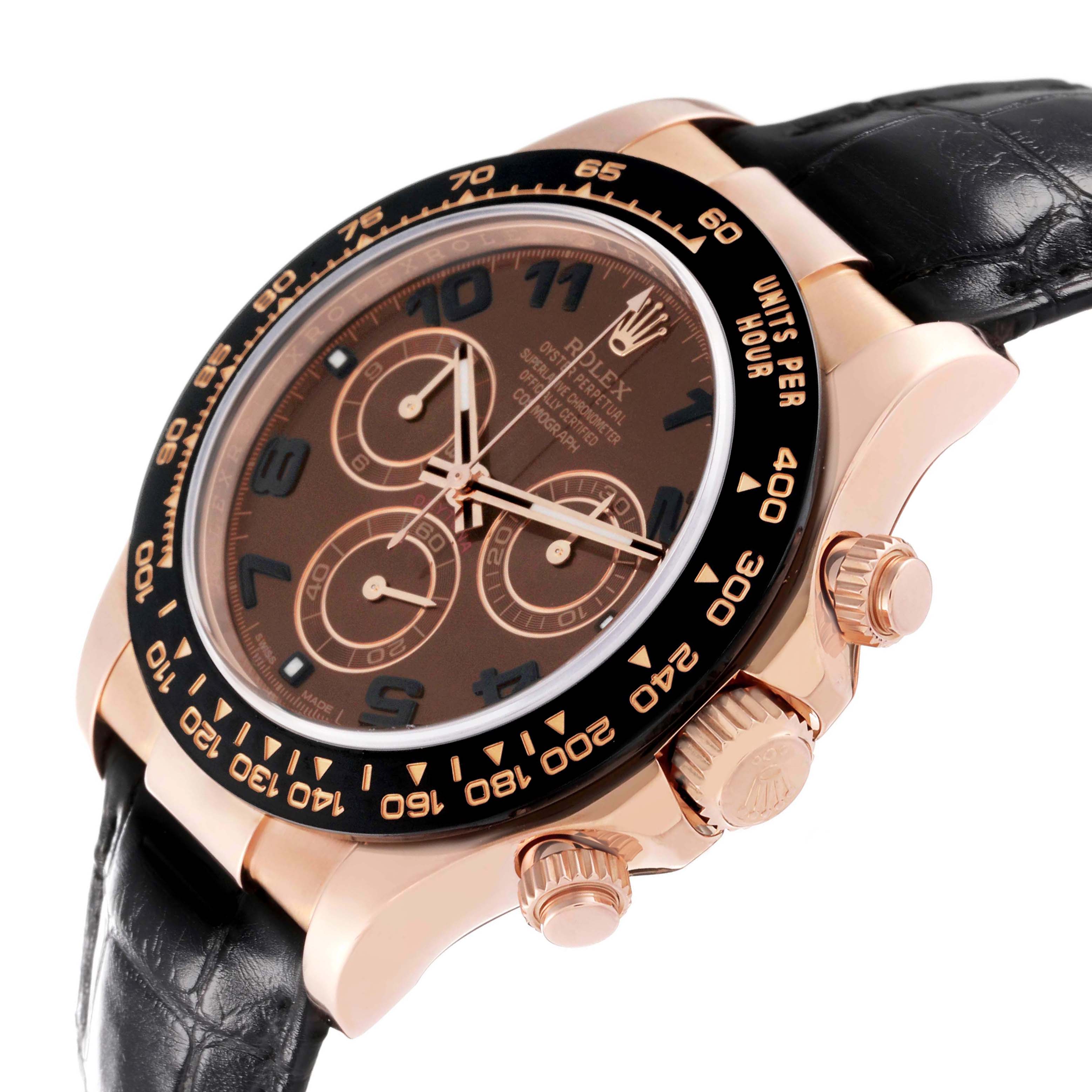 The Rolex Daytona 116515 Men's Rose Gold Brown Dial watch is shown at a slightly angled side view, highlighting the dial, bezel, crown, and pushers.