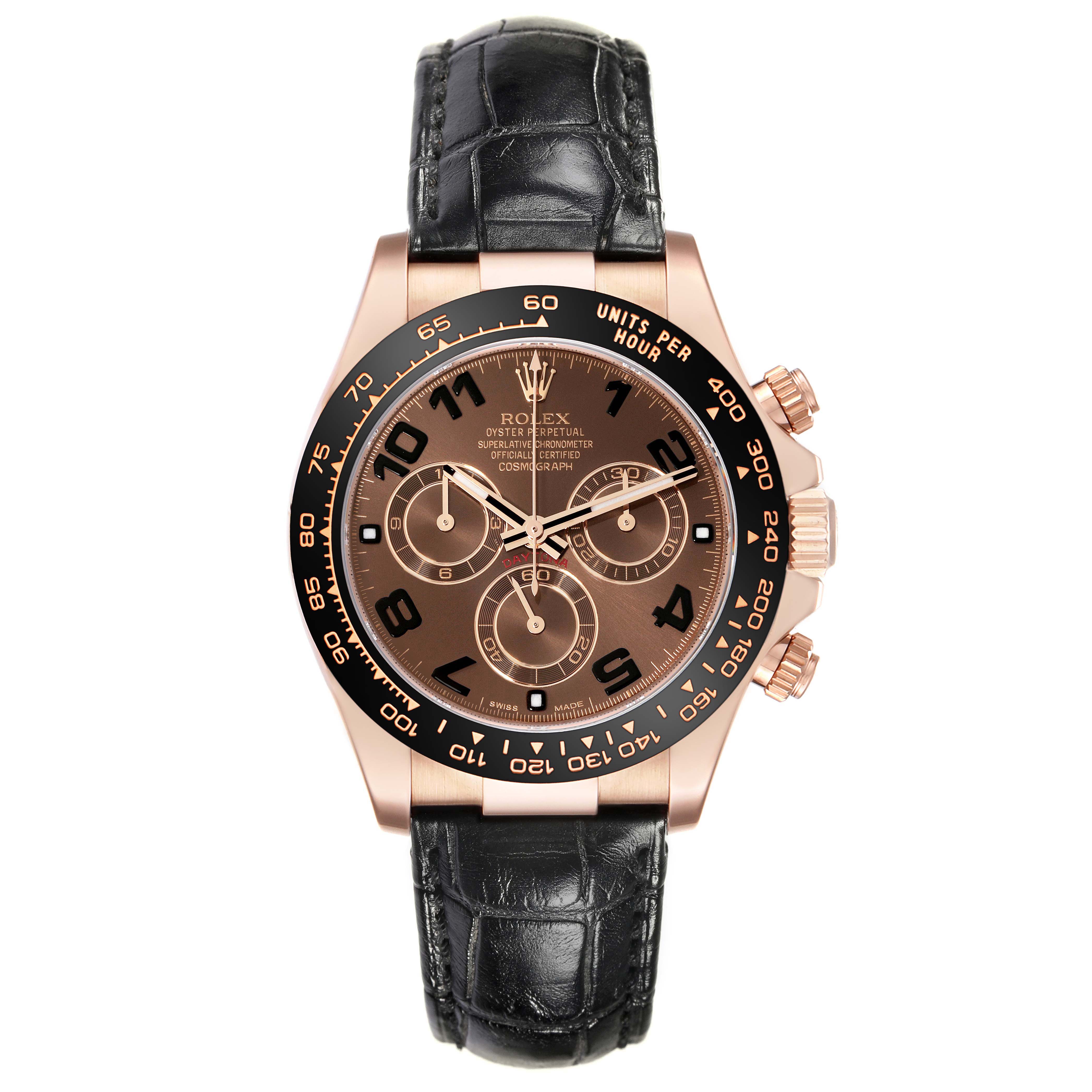 The Rolex Daytona 116515 Men's Rose Gold Brown Dial is shown from a front angle, highlighting its face, bezel, and black leather strap.
