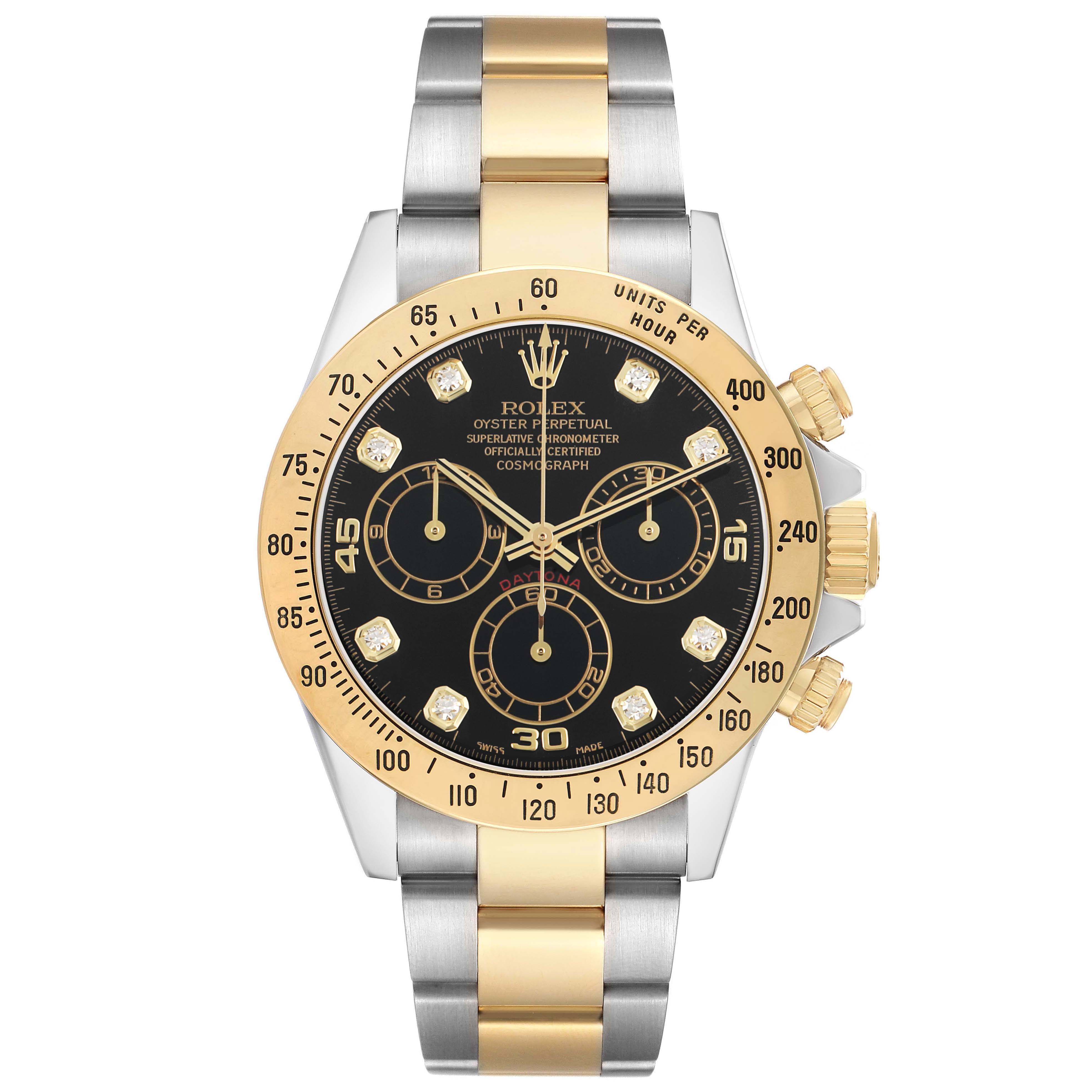 The Rolex Daytona 116523 Men's Steel and Gold (two tone) Black Dial watch is shown from the front, highlighting its two-tone bracelet, black dial, and gold accents.