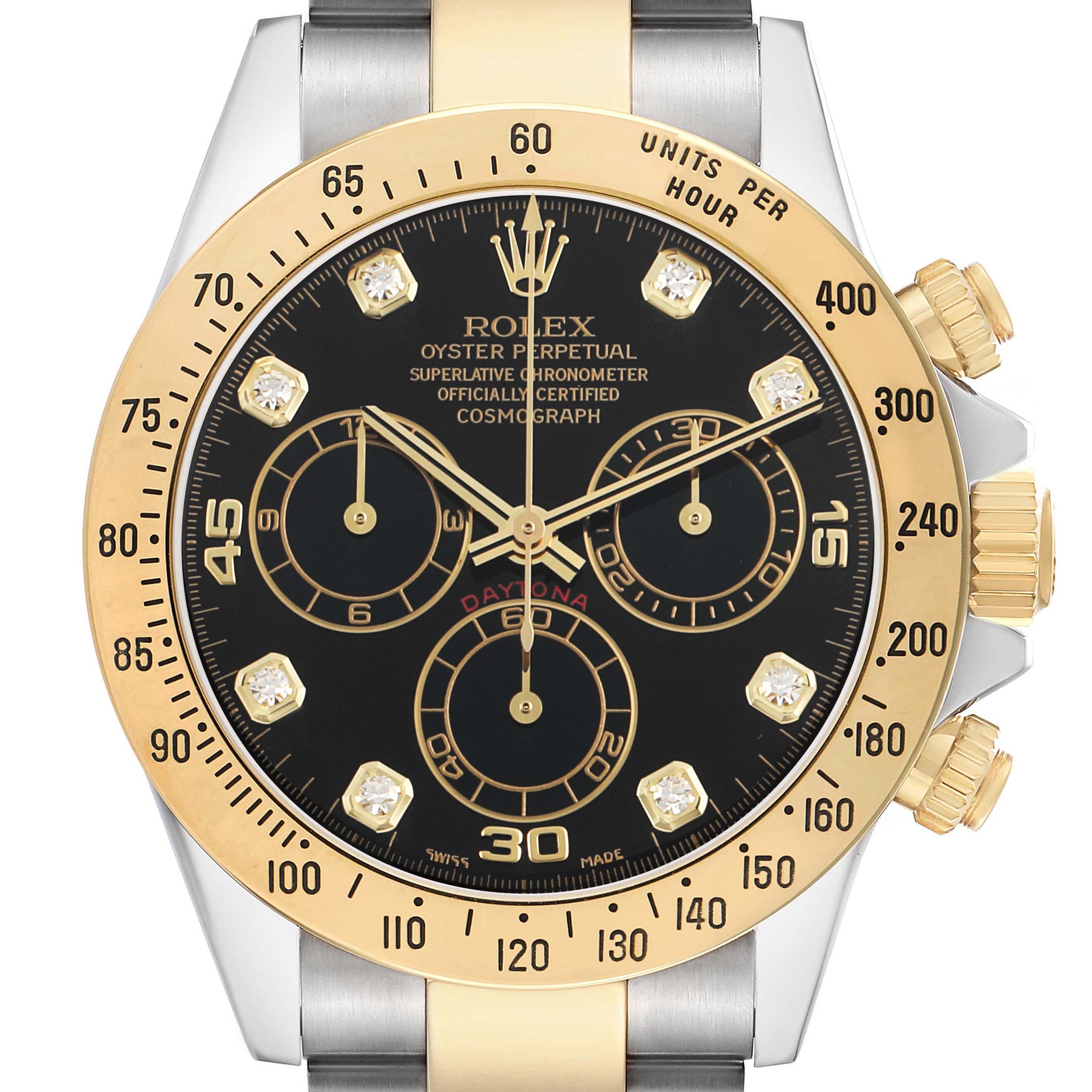 The image shows a front view of the Rolex Daytona 116523 Men's Steel and Gold (two tone) Black Dial, highlighting its gold bezel, black dial, and chronograph subdials.