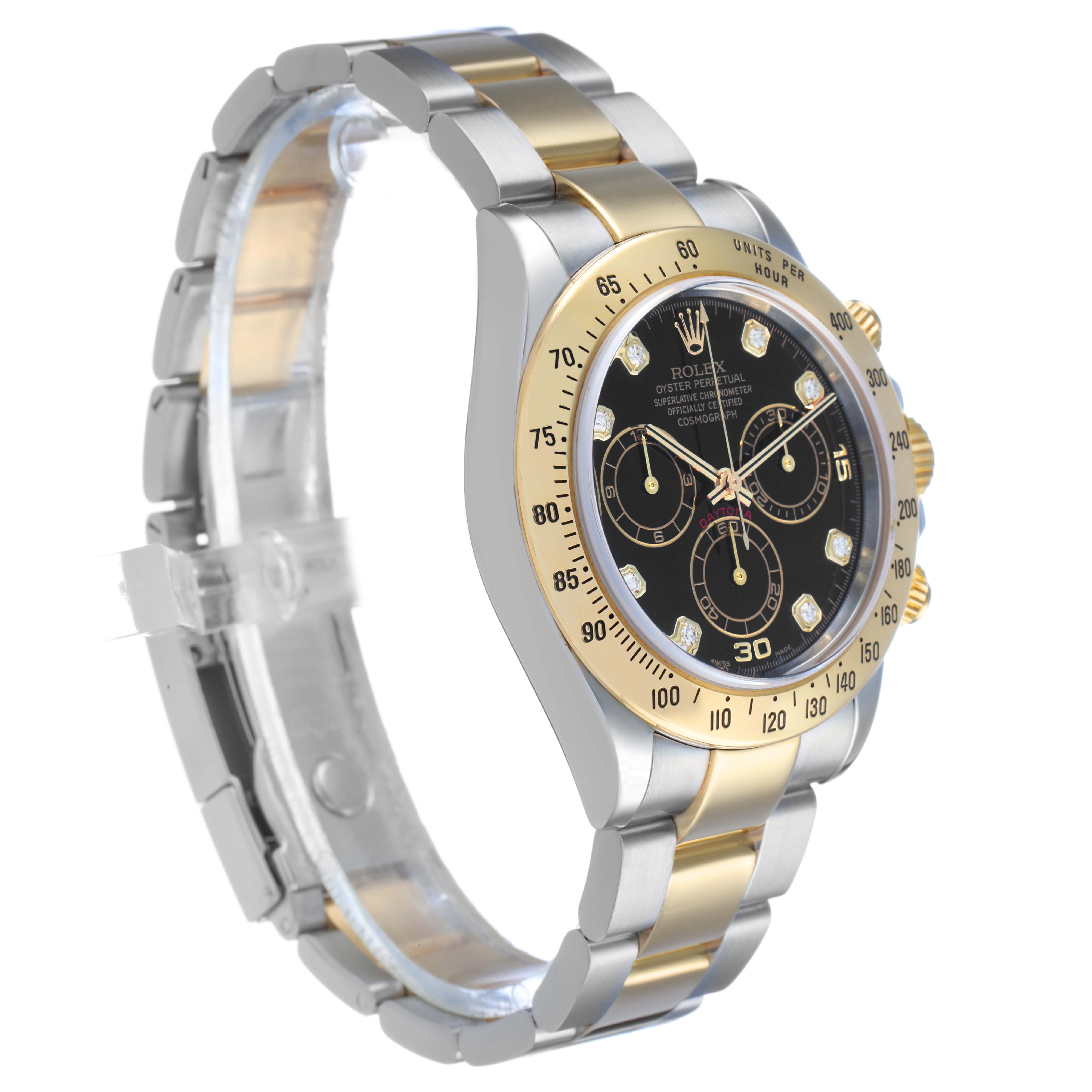 The Rolex Daytona 116523 Men's Steel and Gold (two tone) Black Dial watch is shown at a three-quarter angle, highlighting the bezel, dial, and bracelet.
