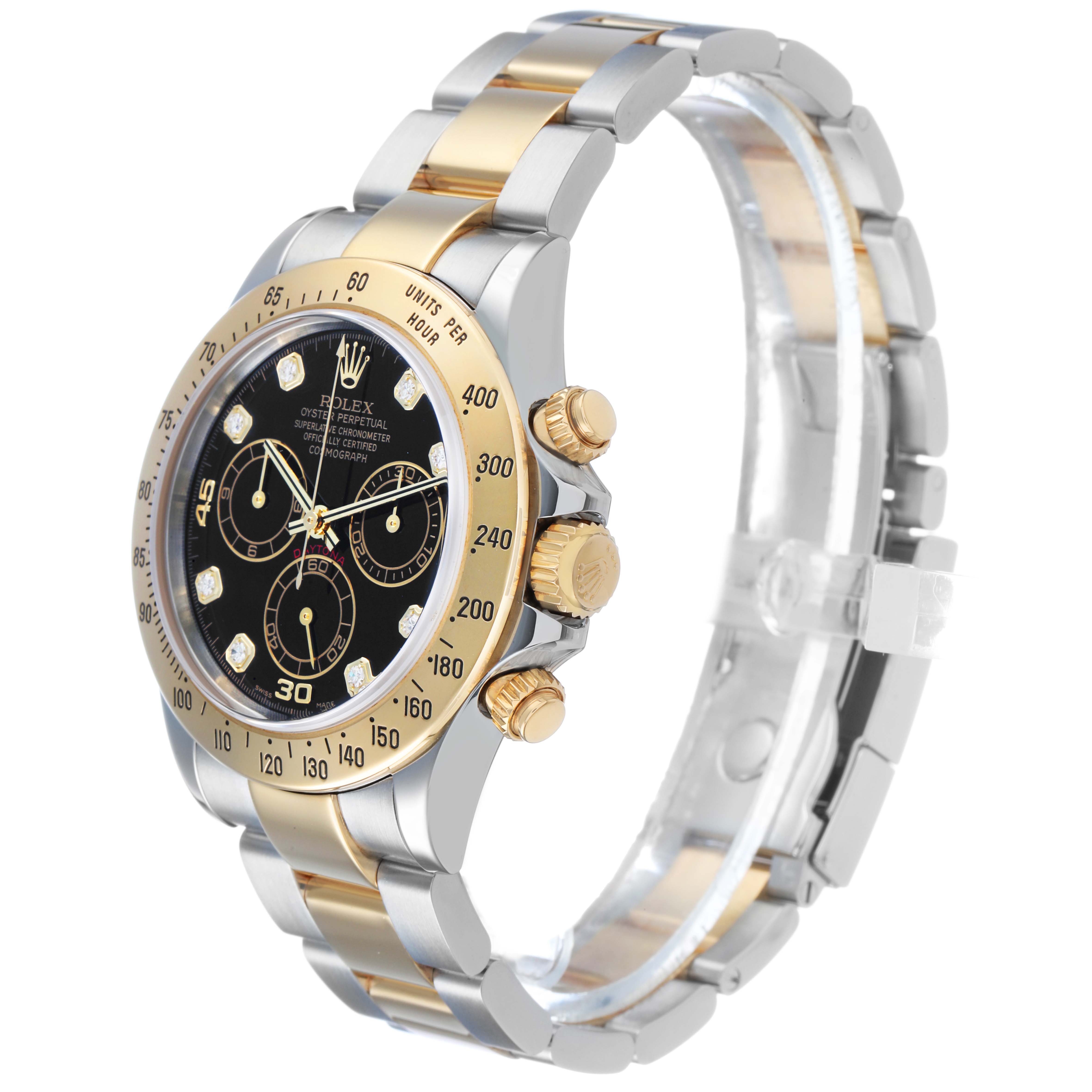 The image shows a Rolex Daytona 116523 Men's Steel and Gold (two tone) Black Dial watch at an angle, highlighting the two-tone bracelet, bezel, crown, and chronograph dials.