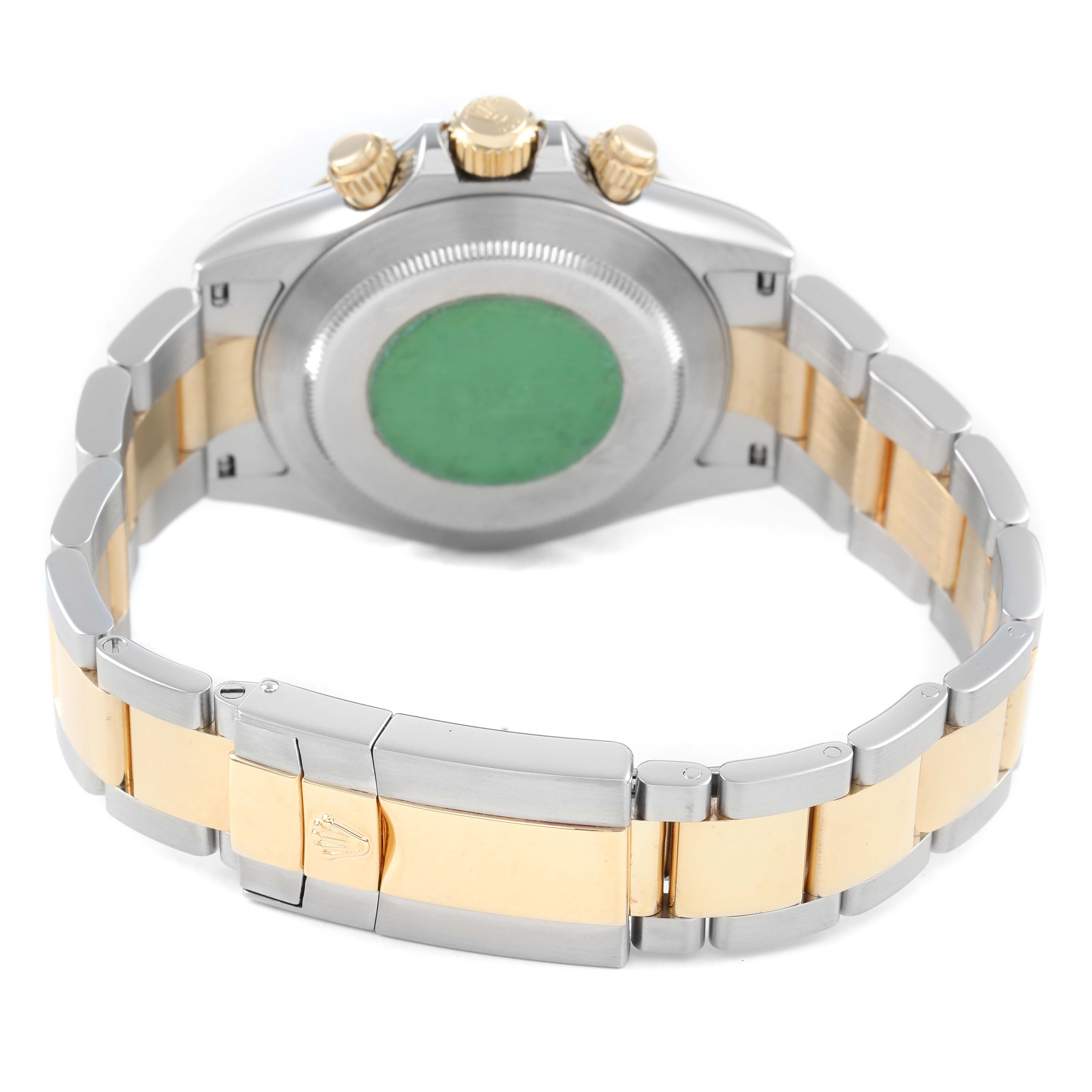 The image shows the back and bracelet of a Rolex Daytona 116523 Men's Steel and Gold (two tone) Black Dial watch, highlighting its two-tone metal and clasp.