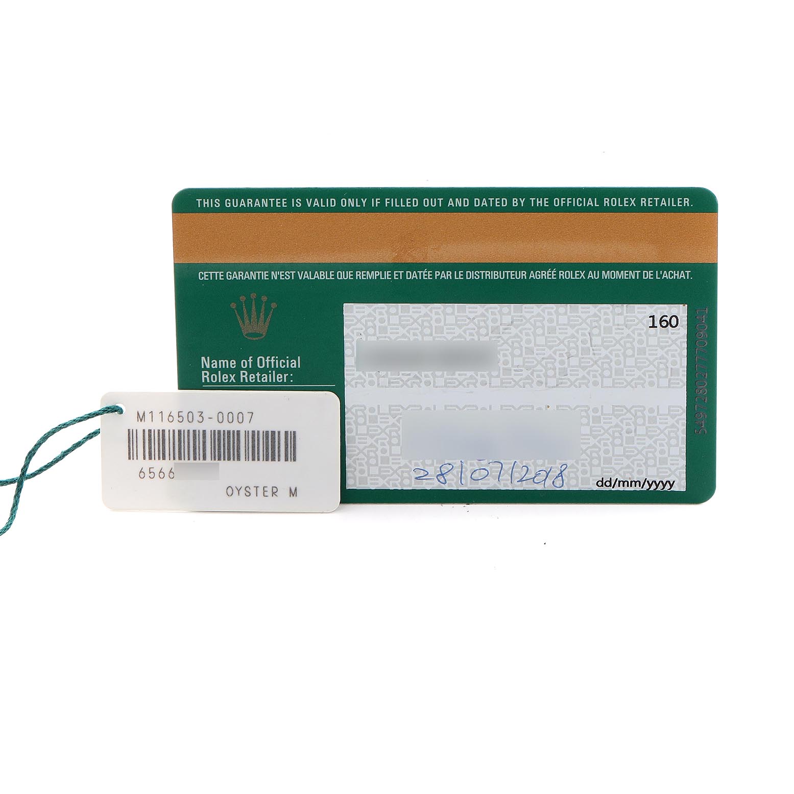 The image shows a Rolex Daytona 116503 Men's Steel and Gold (two tone) Mother of Pearl Dial 116503 Men's Steel and Gold (two tone) Mother of Pearl Dial warranty card from a top view, along with a tag displaying the model and serial number.